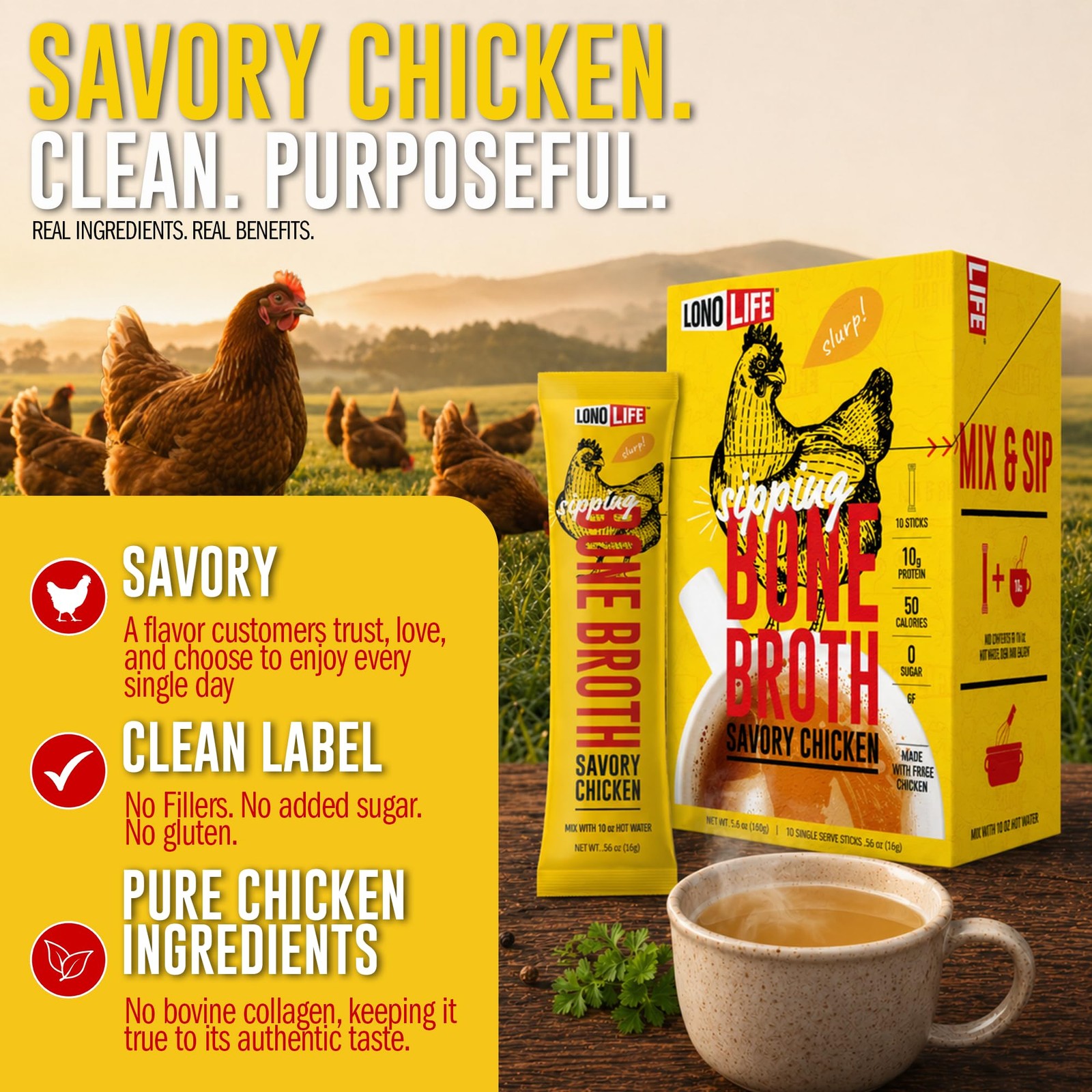 LonoLife Chicken Bone Broth Powder Mix | 10g Protein | CollagenRich, Keto & P…