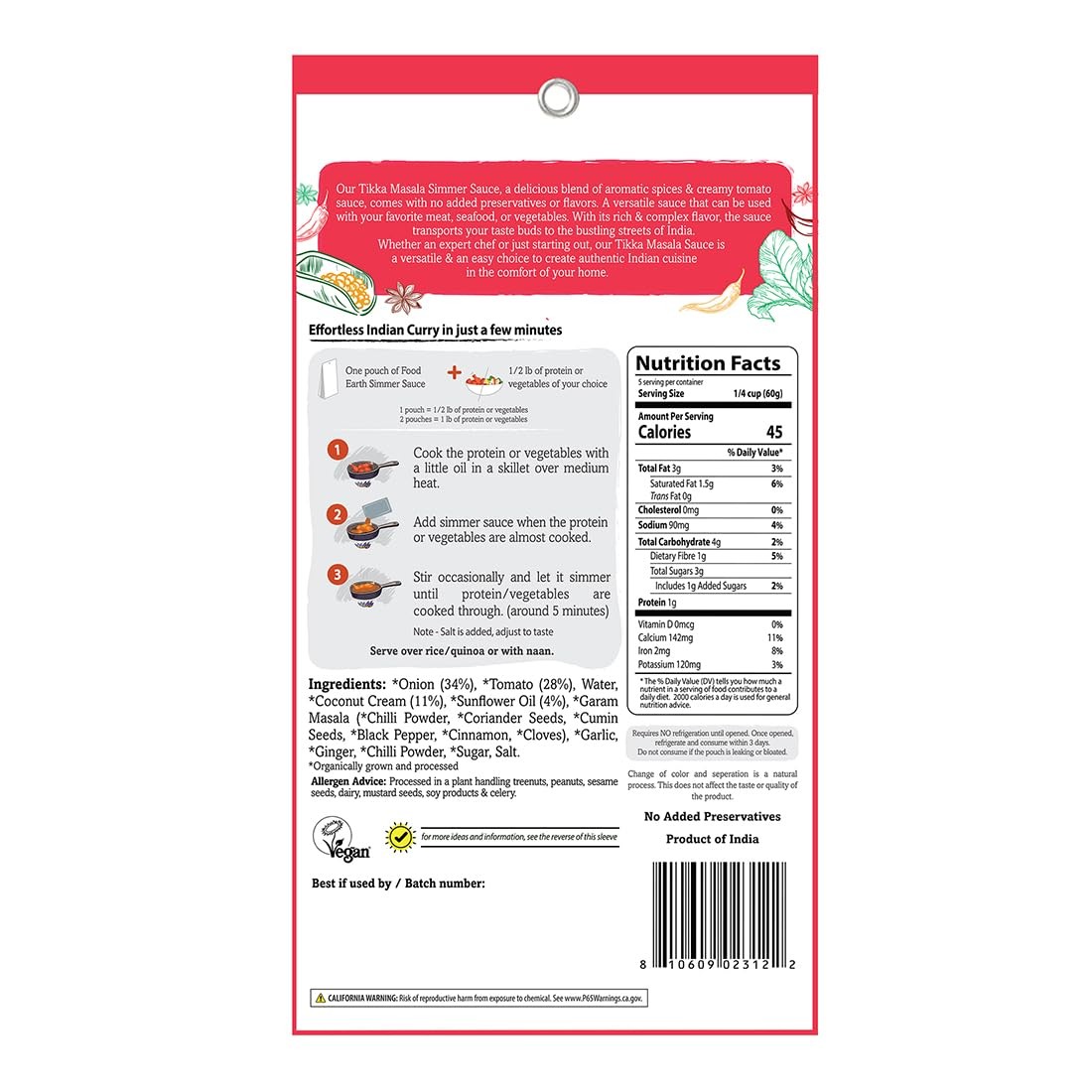 Food Earth Tikka Masala Indian Simmer Sauce Organic Vegan Gluten Free 12 Pack