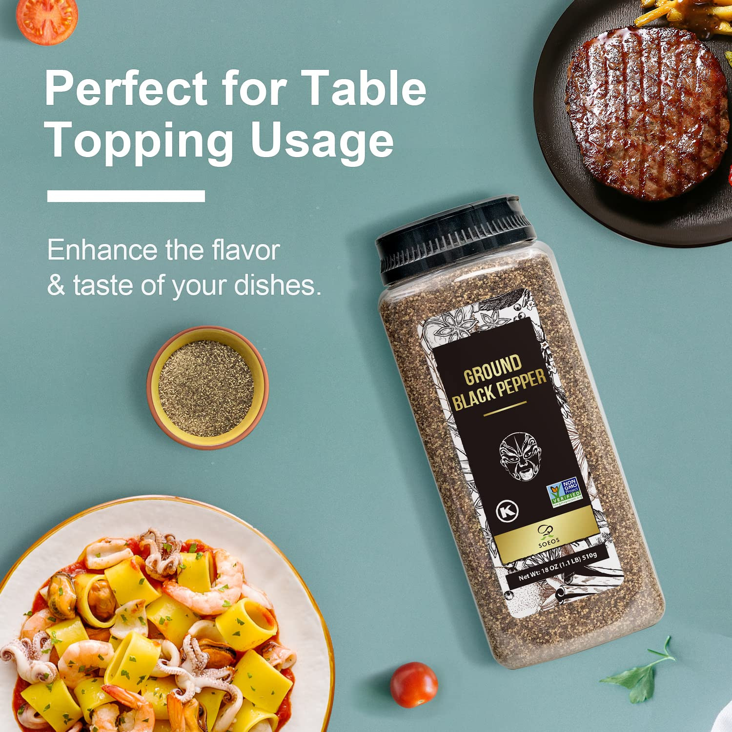 Soeos Table Ground Black Pepper, 18 Oz (510G) Non-Gmo, Freshly Peppercorn Powder