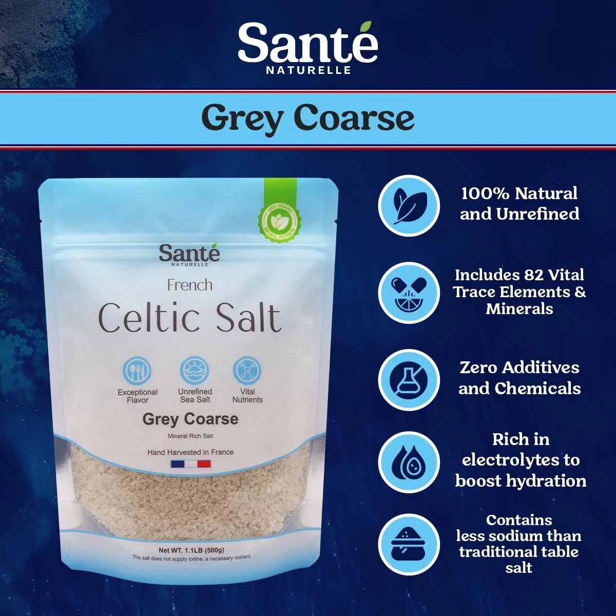 Sante Grey Coarse Sea Salt From the Celtic Sea – 1.1lb (18oz) Unrefined French S