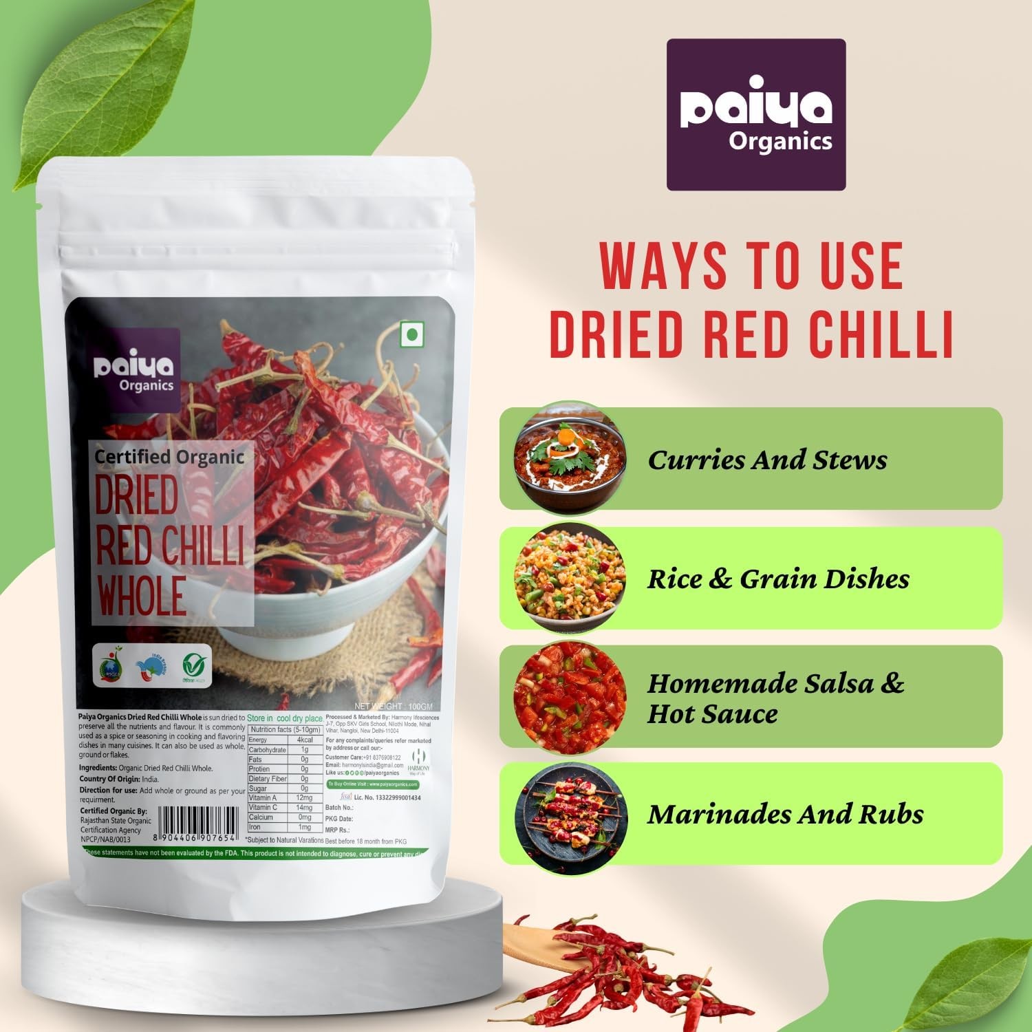 Paiya Organics Dried Red Chilli Whole 100gm Each Pack Of 2