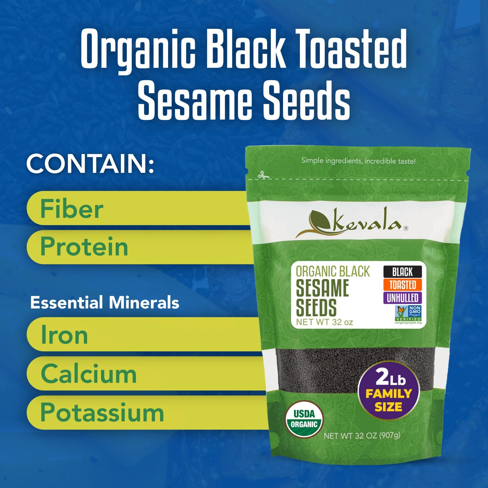 Kevala Organic Black Toasted Sesame Seeds 2 lb, 32 oz, Baking and Cooking