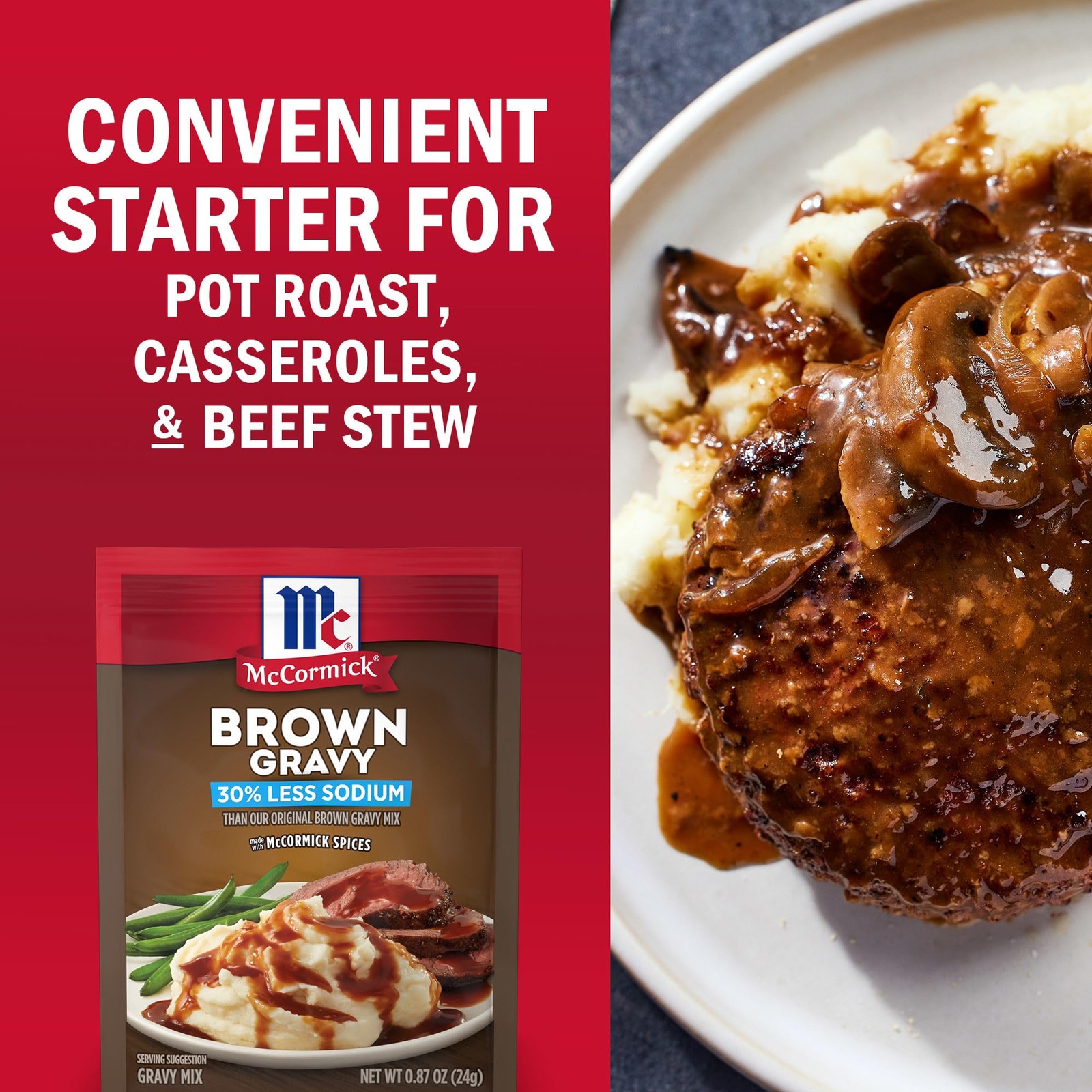 McCormick 30% Less Sodium Brown Gravy Mix, 0.87 oz