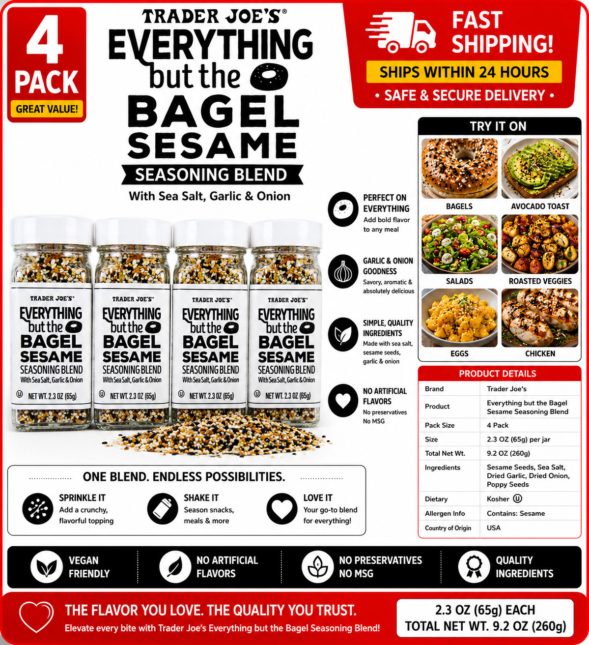 4Pack Trader Joe’s Everything but The Bagel Sesame Seasoning Blend 2.3 oz Each