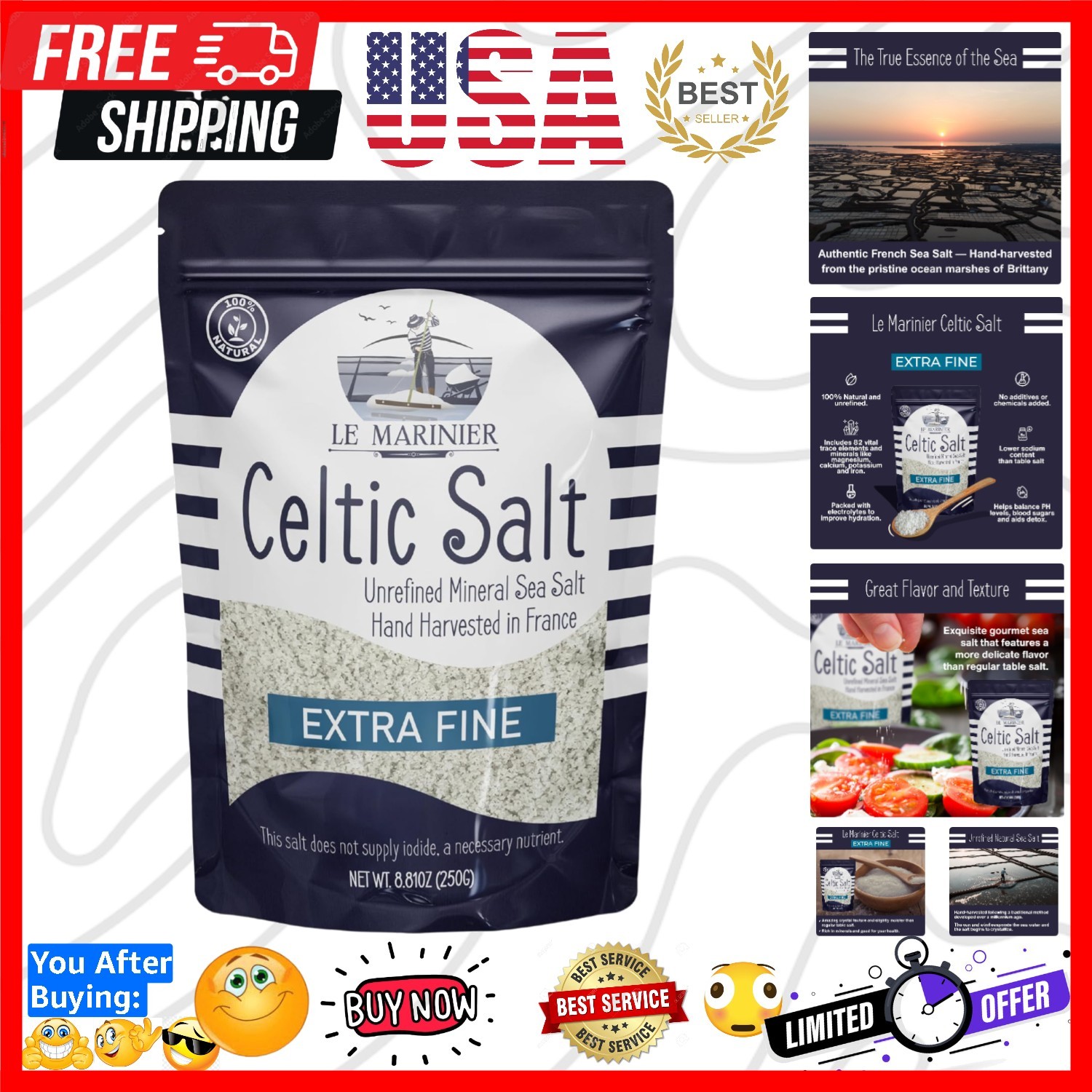 French Sea Salt Extra Fine, 8.81oz – 0.6lb. Celtic Salt Organic- 100% Natural…