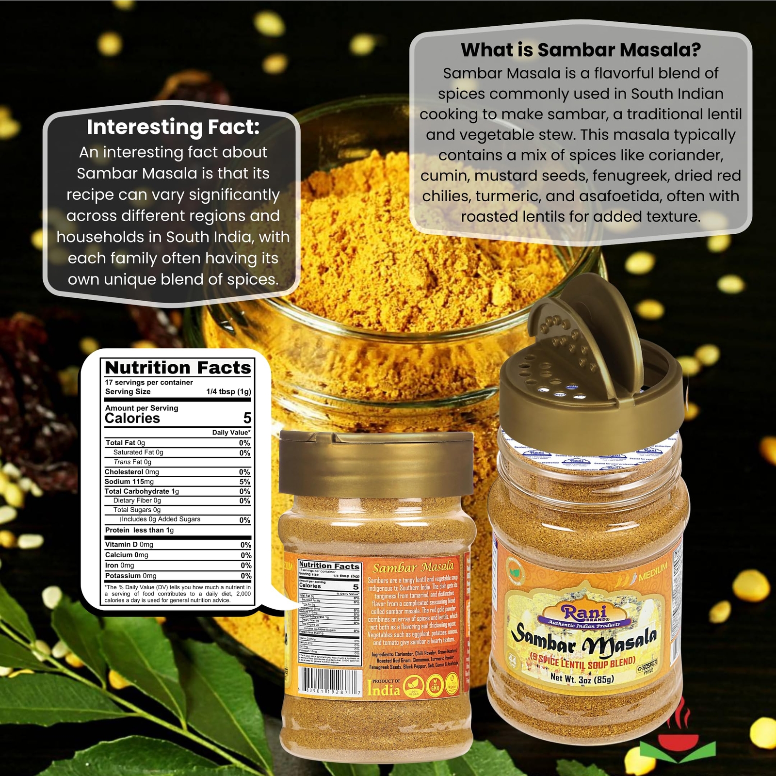 Rani Sambar Masala (Lentil Soup Spice Blend) 3oz (85g) PET Jar