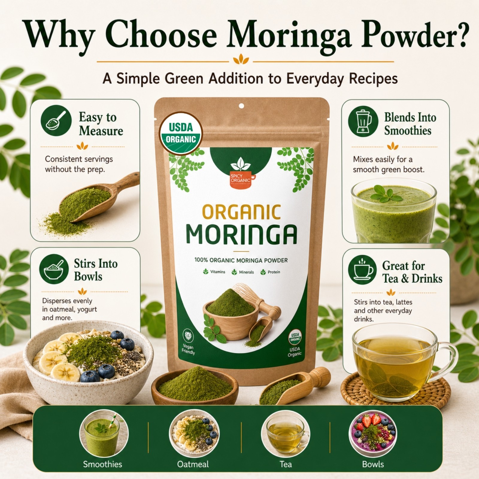 Spicy Organic Moringa Powder 16 oz | USDA Organic