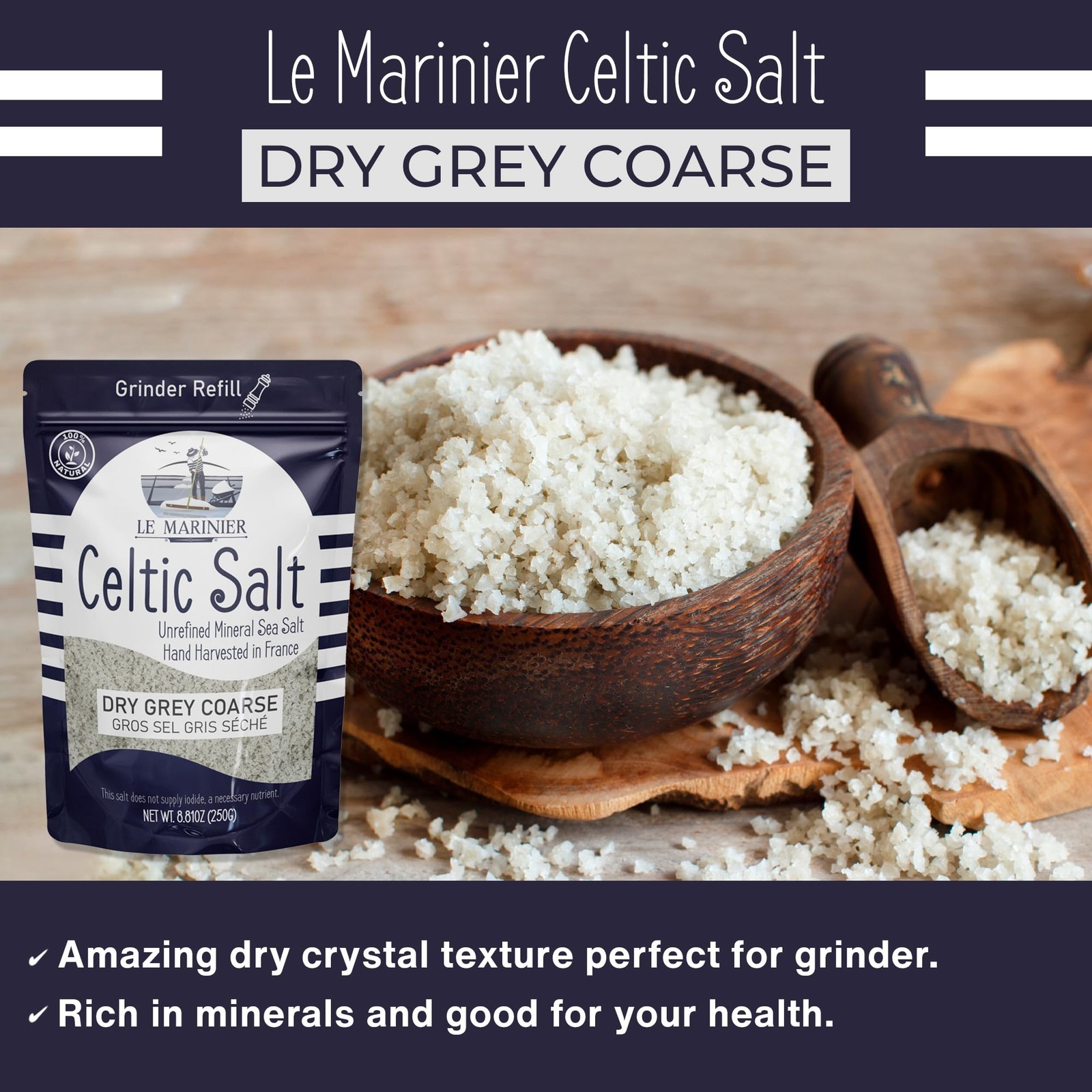 French Sea Salt Dry Grey Coarse, 0.6lb – 8.81oz (250g). Mineral Rich 100% Nat…