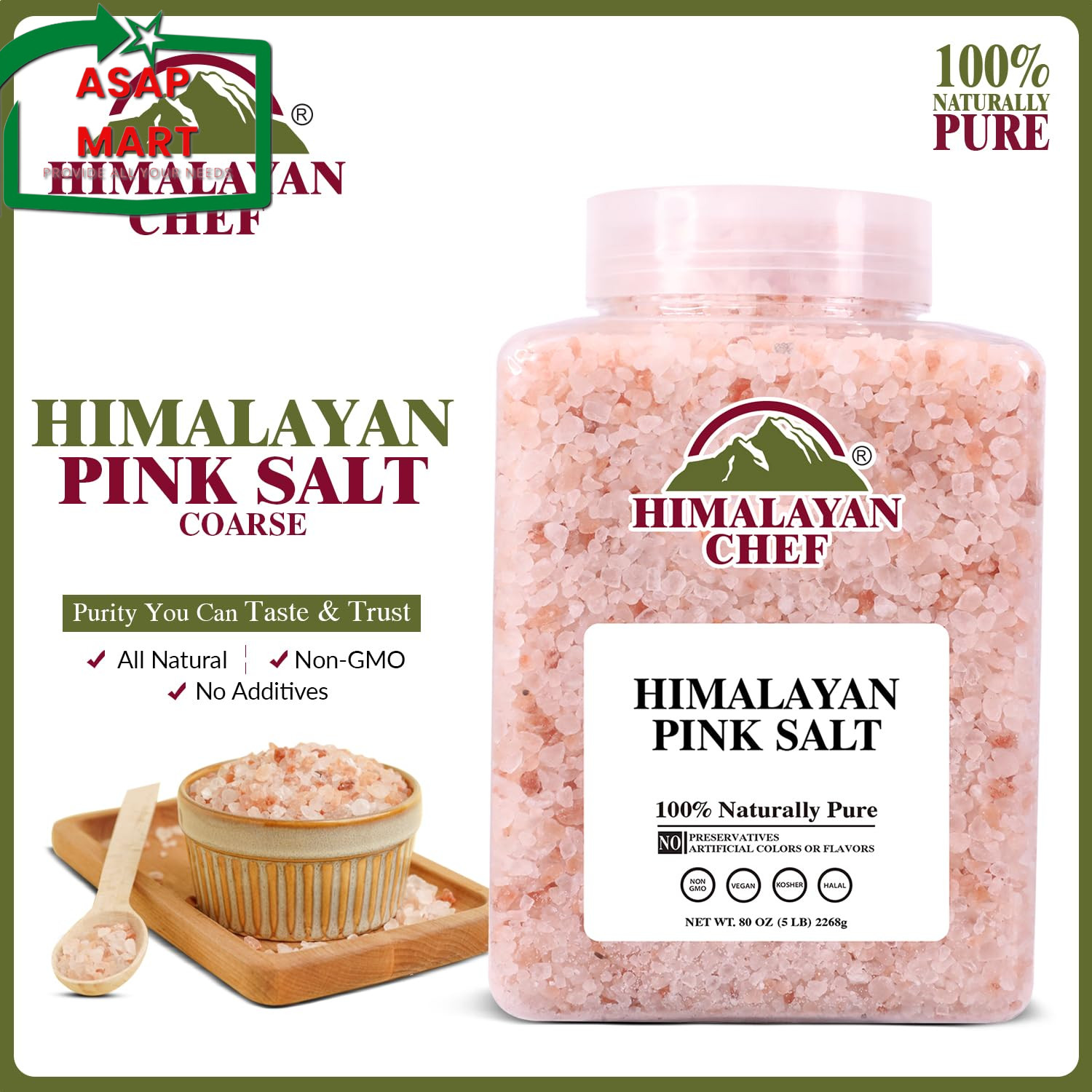 Himalayan Chef Pink Himalayan Salt Coarse Grain, 5 Lbs Plastic Jar – Pure, Natur