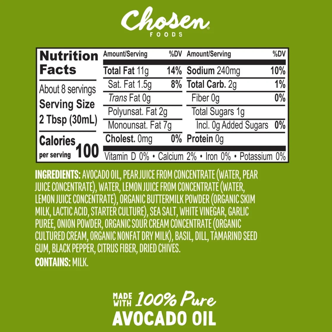 Chosen Foods Classic Ranch Dressing & Dip made with 100% Pure Avocado Oil 8 flOz