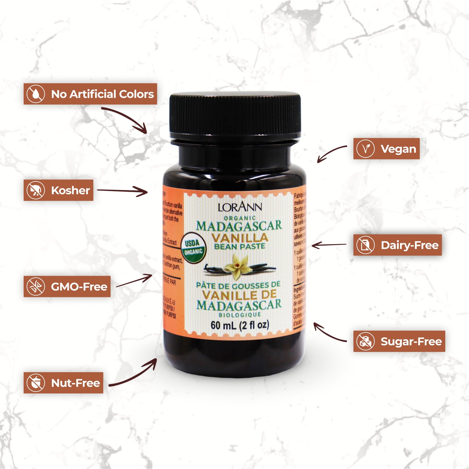 LorAnn Organic Pure Madagascar Vanilla Bean Paste 2oz (60ml) – Rich Flavor, Real