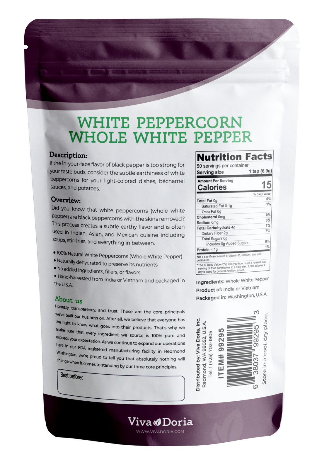 Viva Doria Whole White Pepper, White Peppercorn, 12 Oz For Grinder Refill