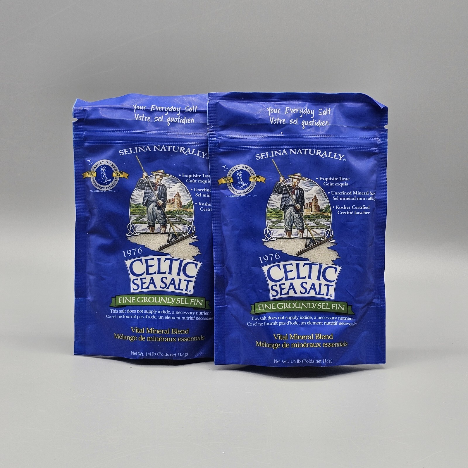Celtic Fine Ground Sea Salt 1/4LB Resealable Pouch Lot Of 2 Pouches Kosher