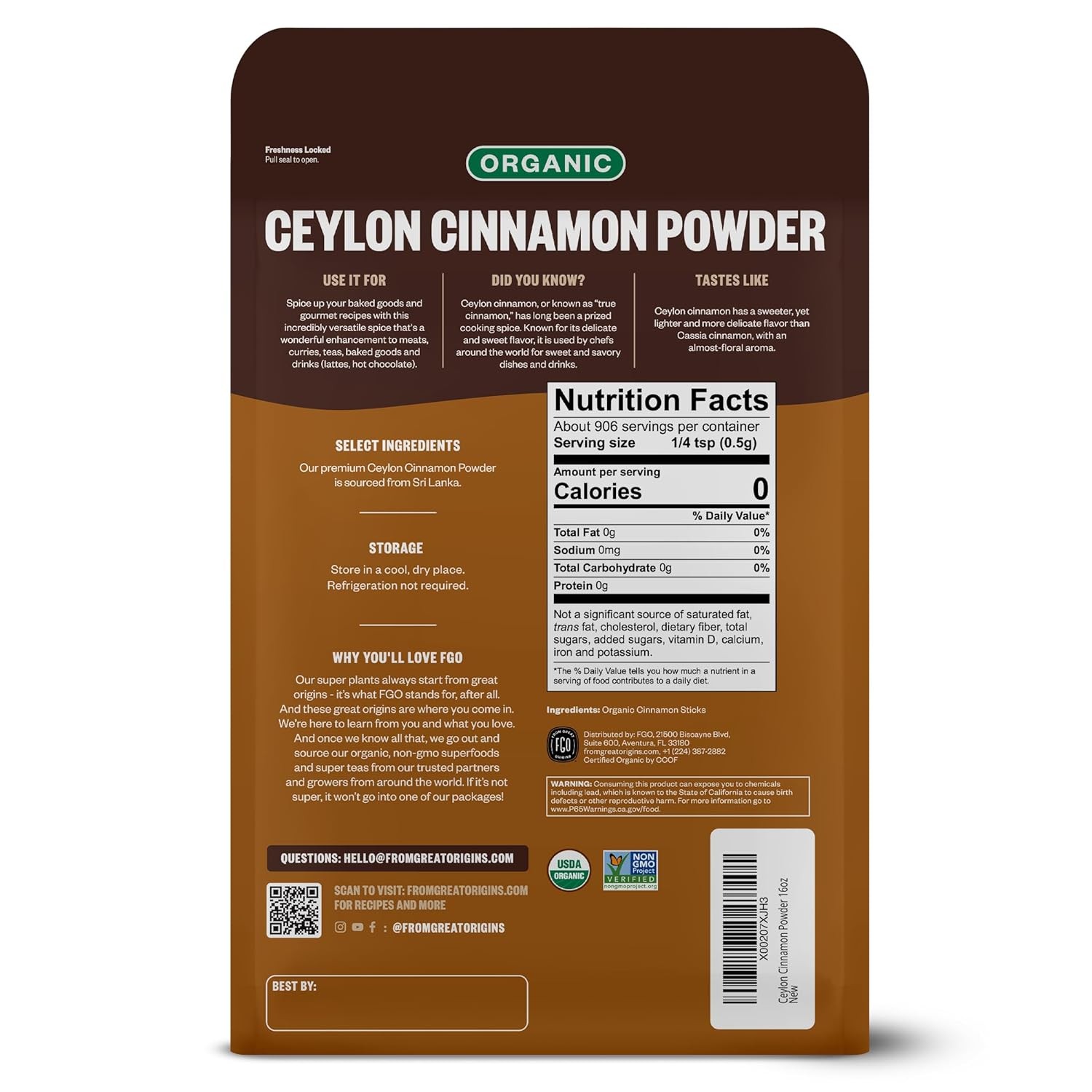 Fgo Organic Ceylon Cinnamon Powder, 16Oz Pure Sri Lanka Cinnamon For S