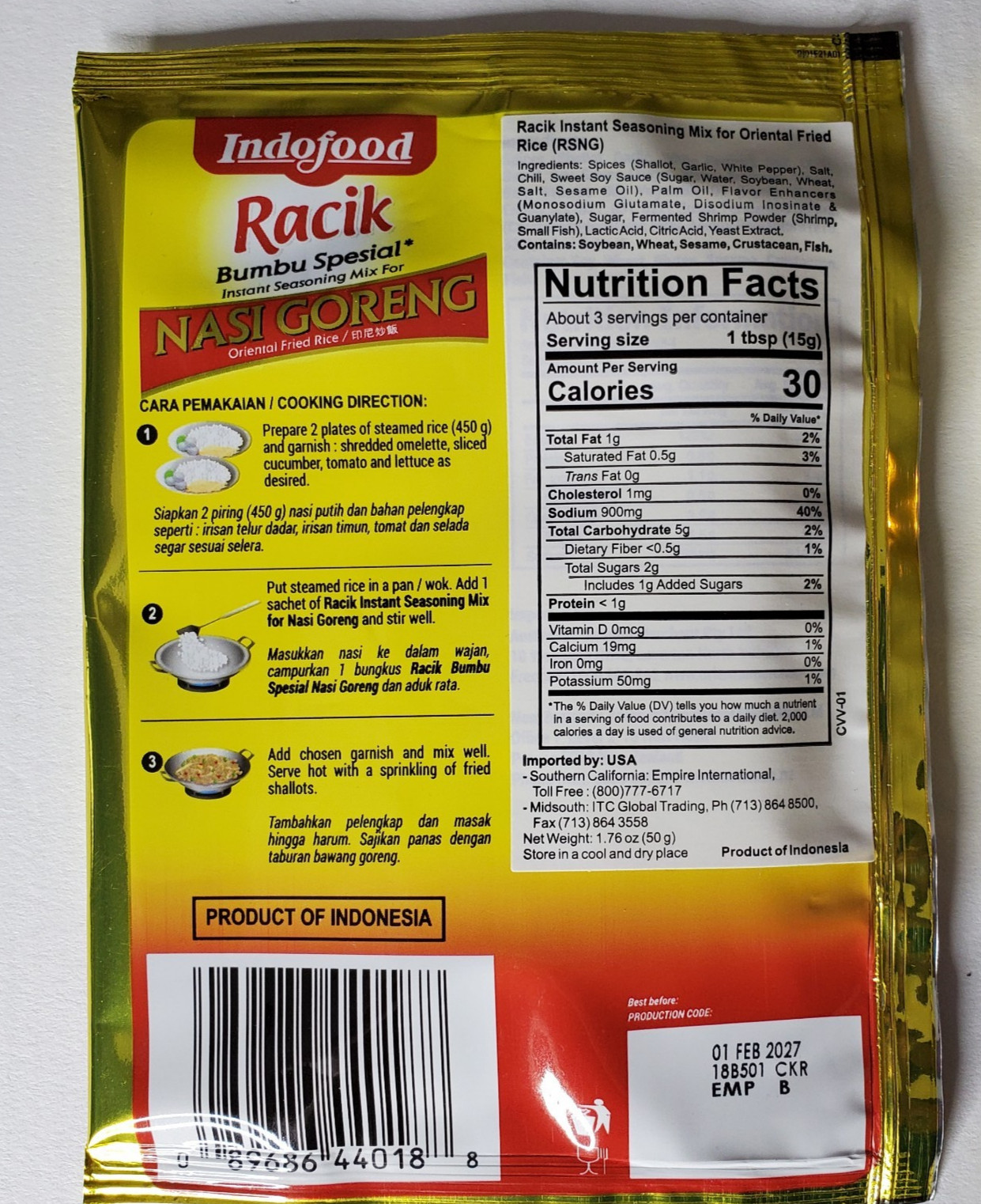 Indofood Nasi Goreng Instant Seasoning Mix Paste For Oriental Fried Rice 3 Pack