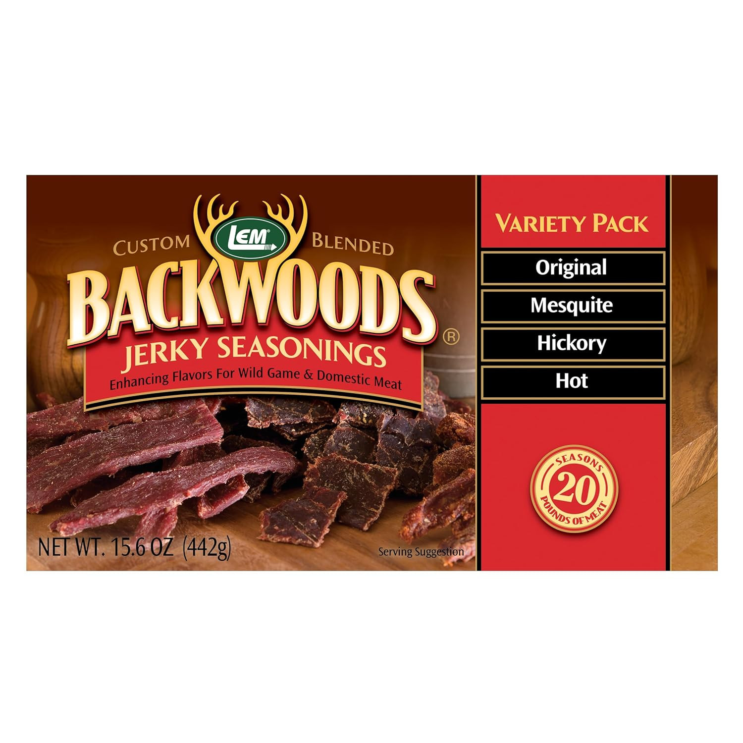 LEM Products Backwoods Jerky Seasoning Variety Pack, Includes Original, Hot, Mes