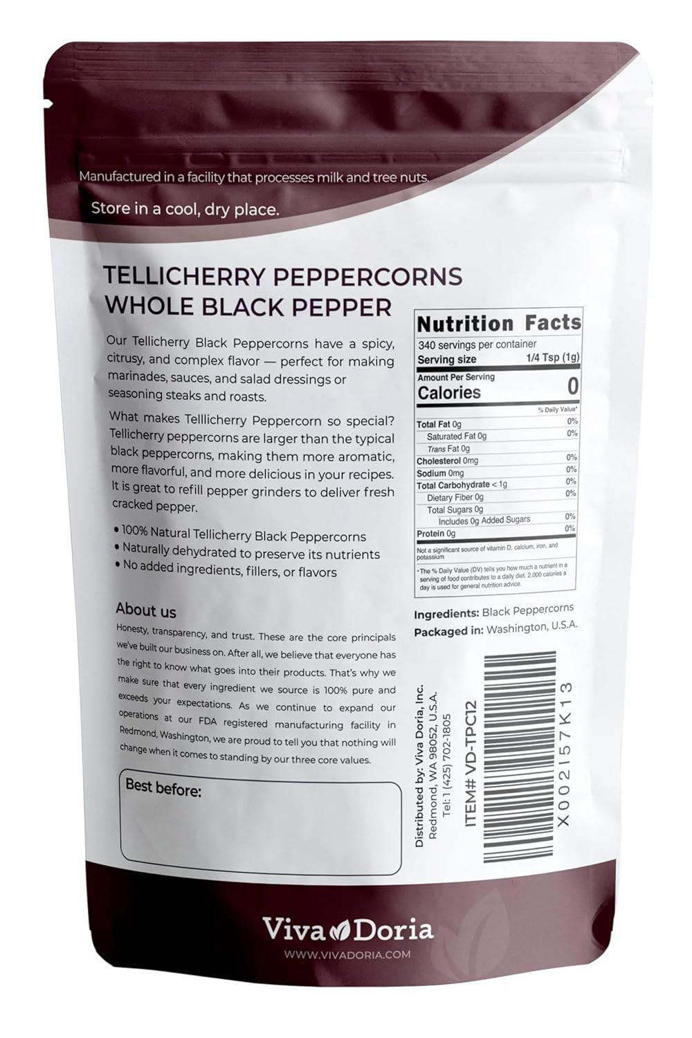 Tellicherry Black Peppercorns, Whole Black Pepper, 12 Oz (340G)