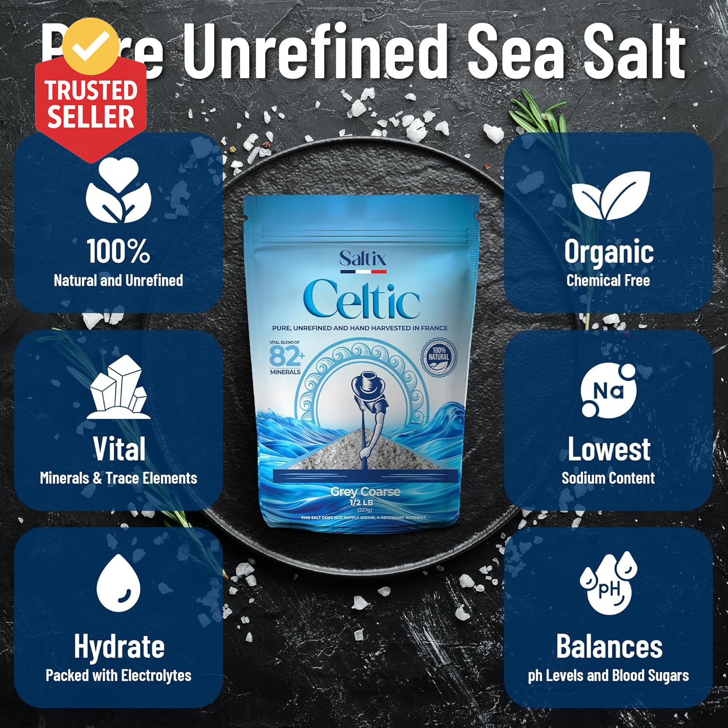 Grey Coarse Sea Salt 1/2 Lbs (8Oz) from the Celtic Region of France, 100% Natura