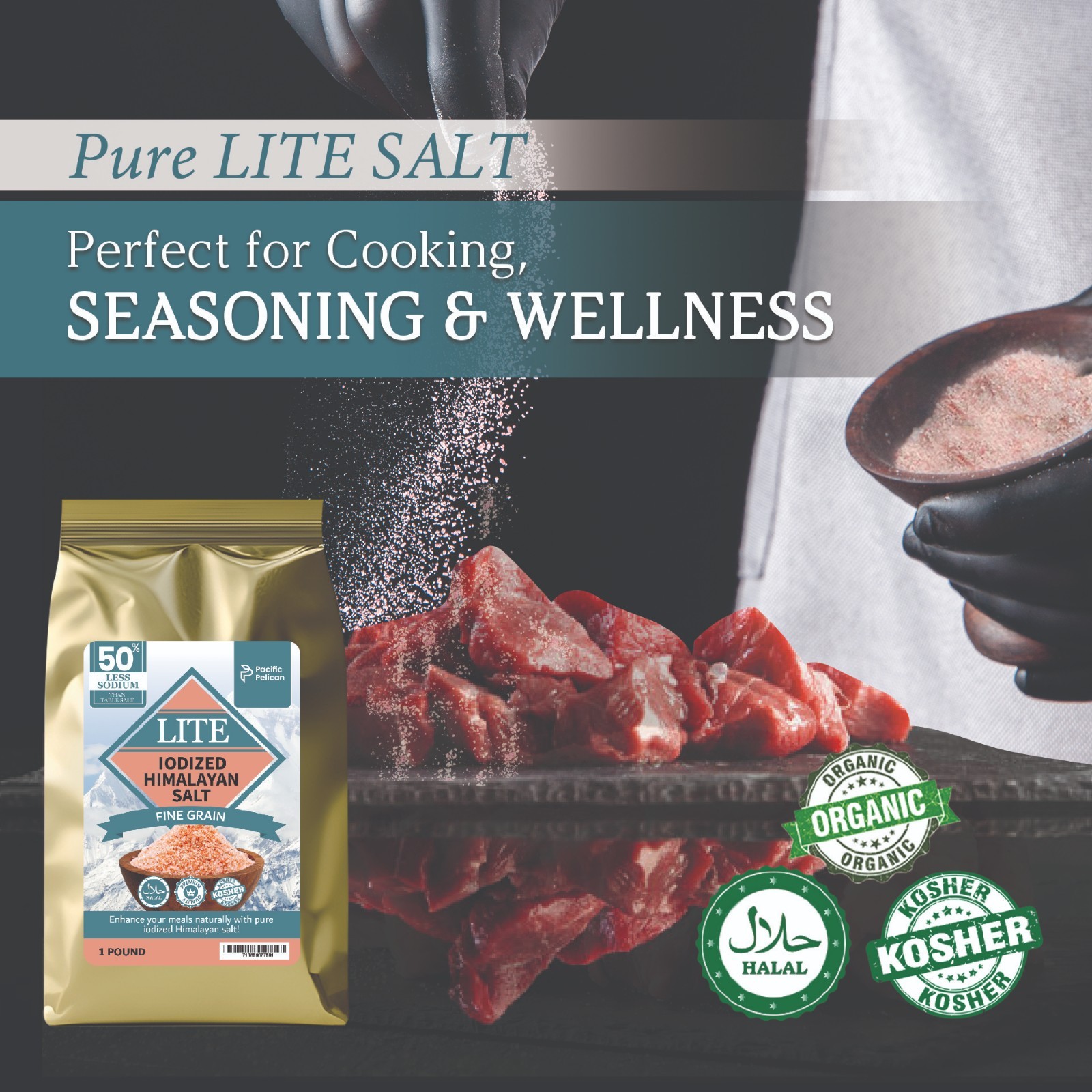 Pacific Pelican 50% Less Sodium Iodized Himalayan Pink Salt, Fine Grain, 1 LB