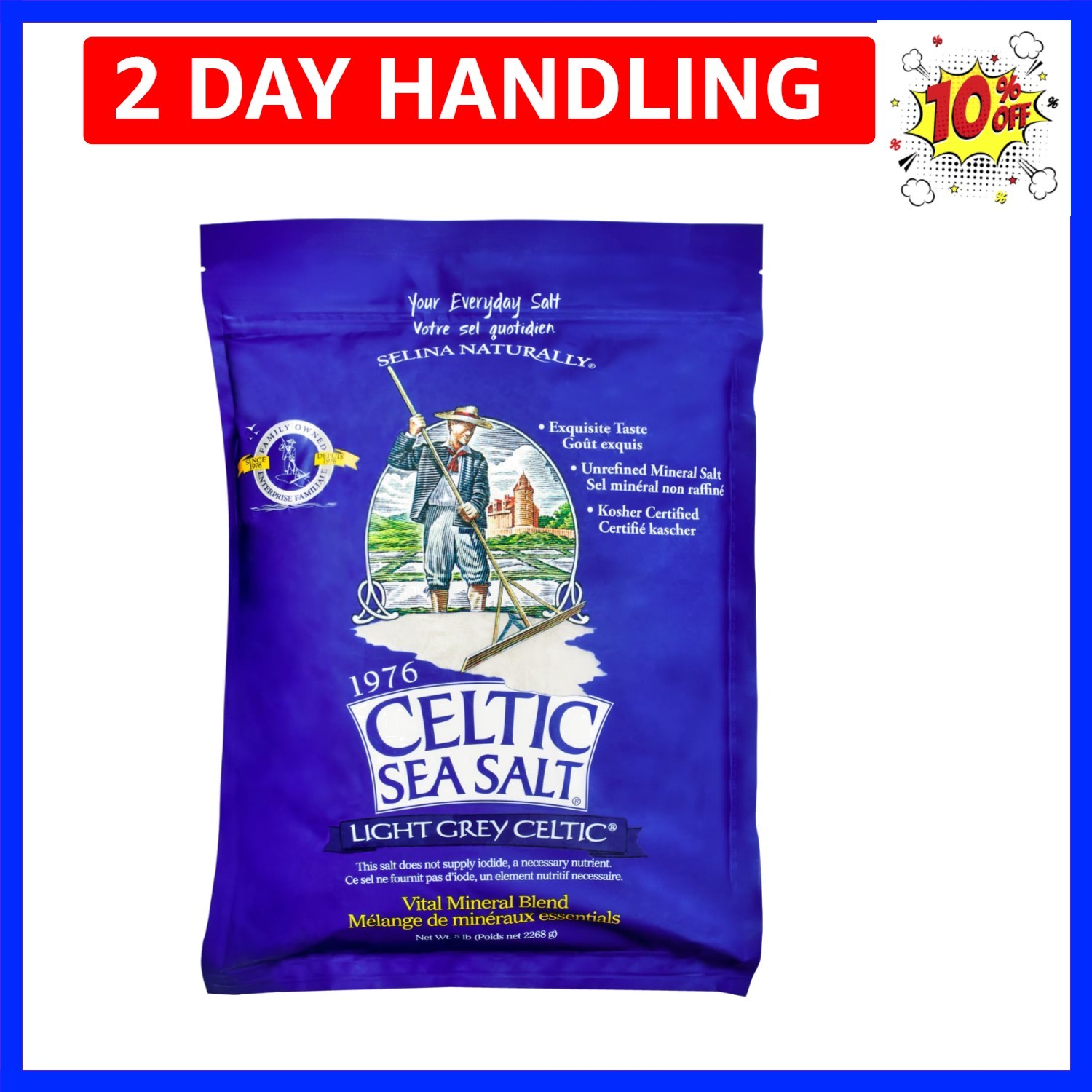Light Grey Celtic Sea Salt 5 Pound Resealable Bag Additive-Free, Delicious Sea