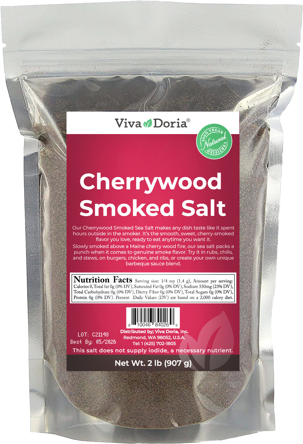 Viva Doria Cherrywood Smoked Sea Salt, Fine Grain, 2 lb