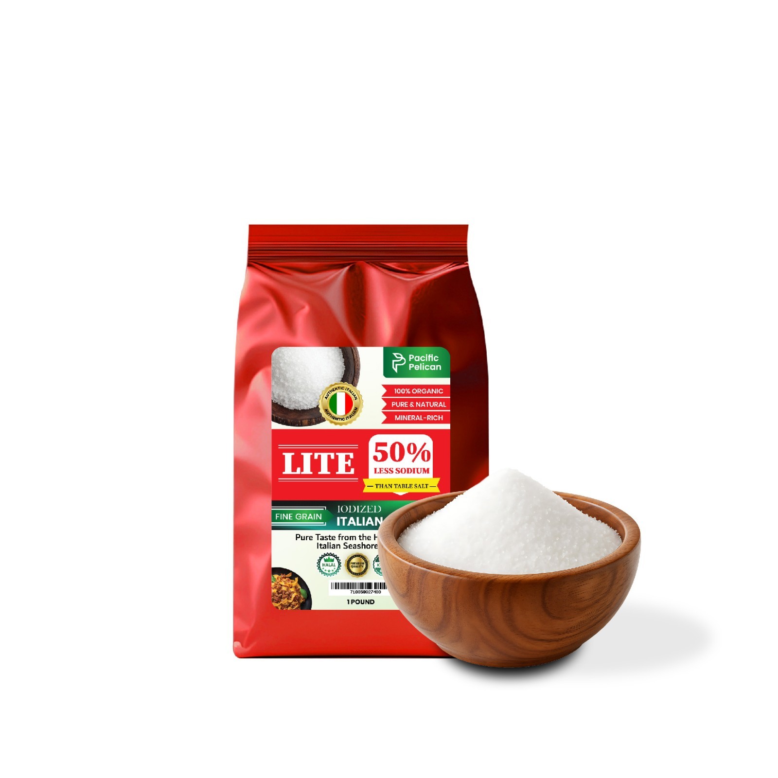 Pacific Pelican Iodized Lite Italian Sea Salt, 50% Less Sodium, Fine Grain, 1lb