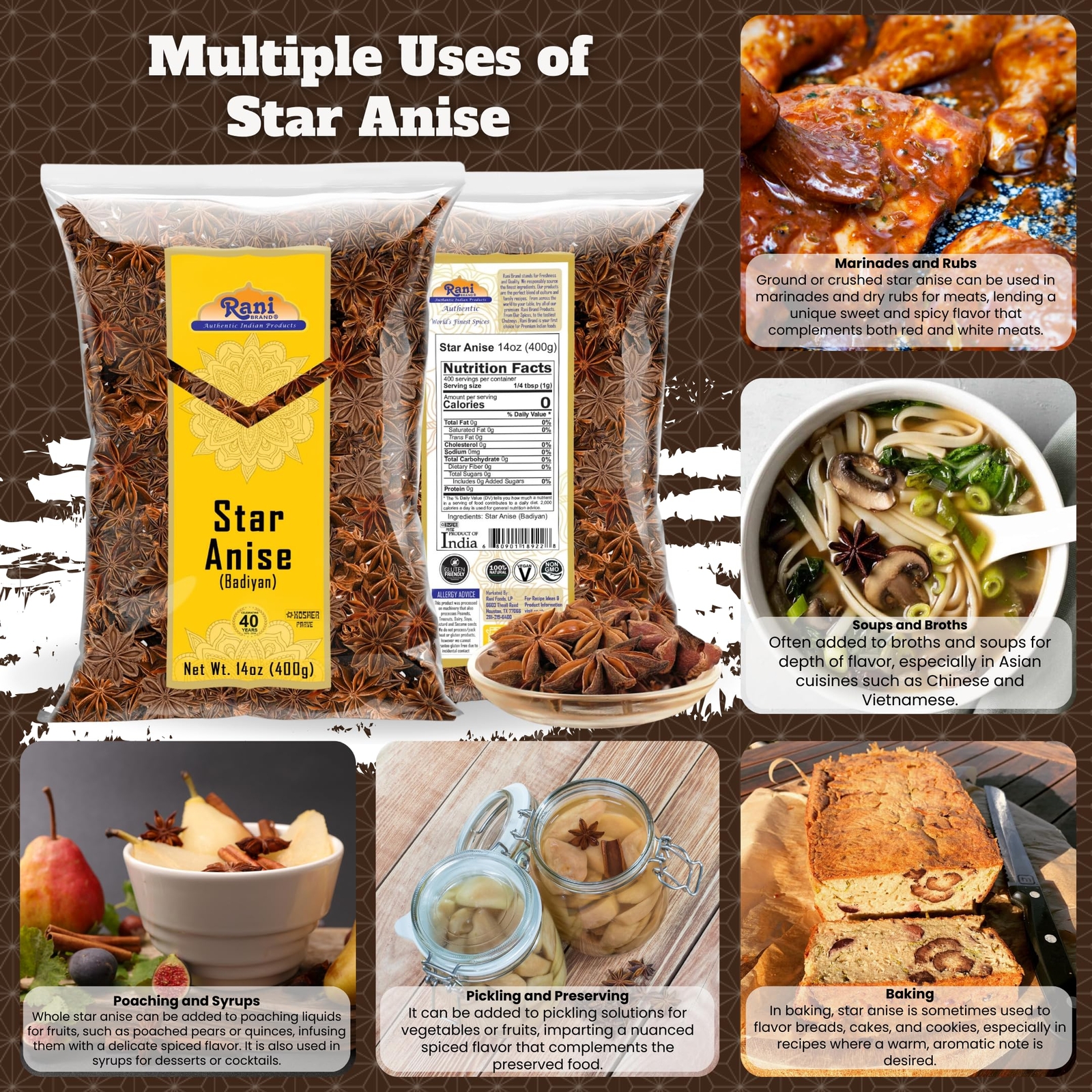 Rani Star Anise Seeds, Whole Pods (Badian Khatai) Spice 14oz (400g)