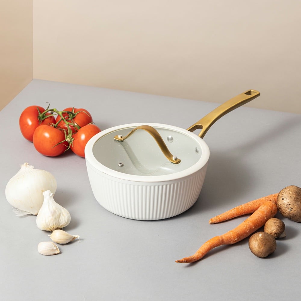 Thyme & Table 2.5 QT Non-Stick Signature Ribbed Saucepan – White & Gold