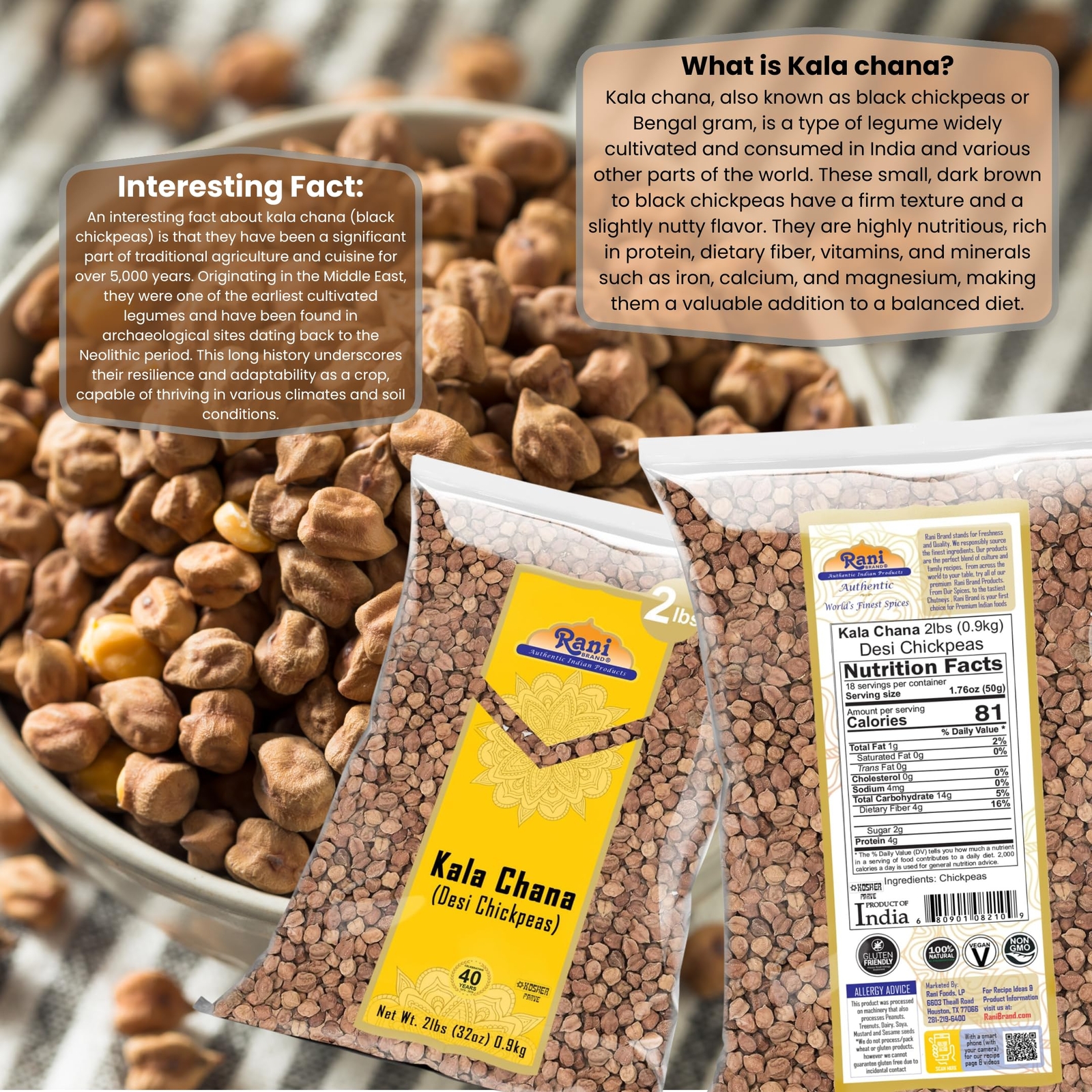 Rani Kala Chana (Desi Chickpeas Chana with skin) 32oz (2lbs) 907g