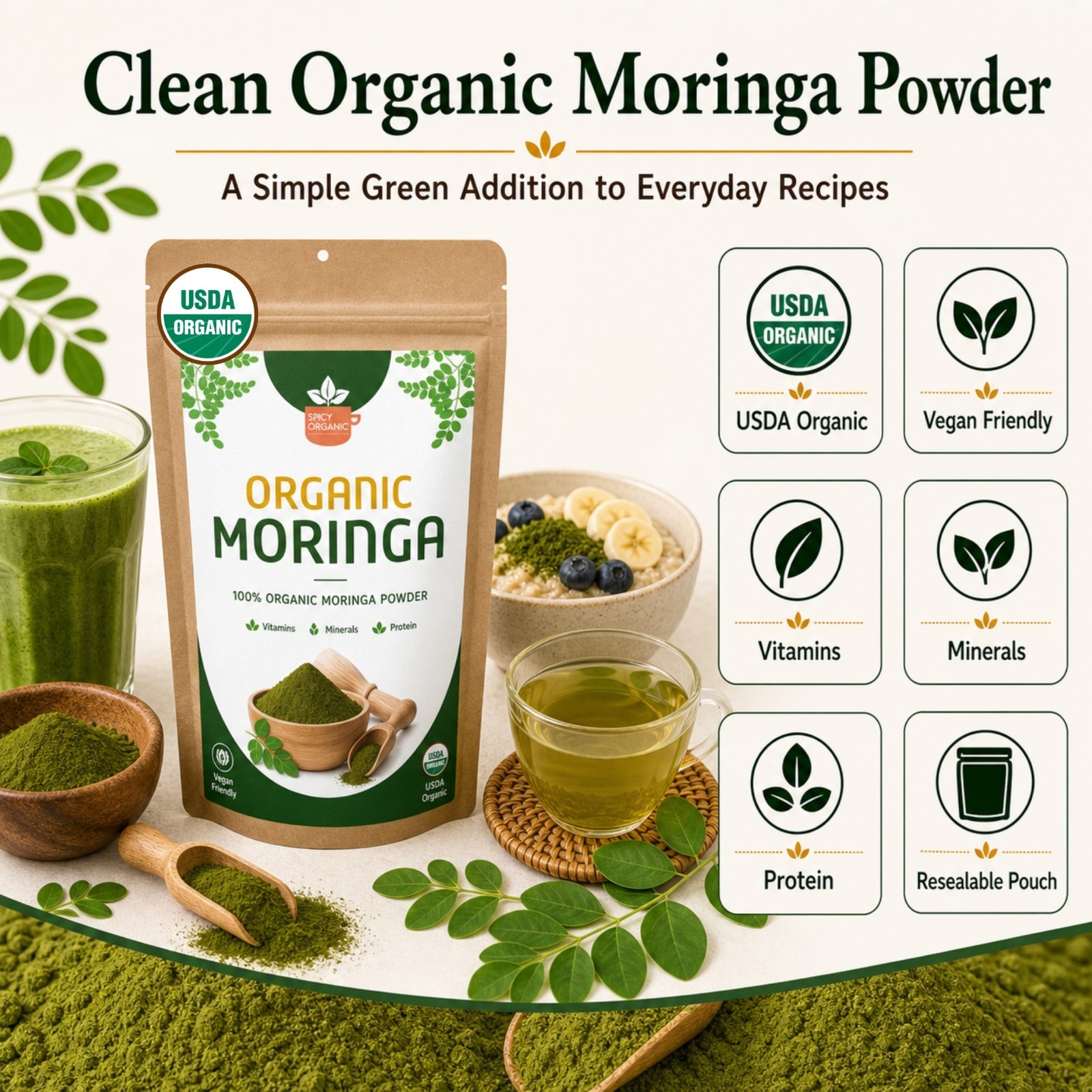 Spicy Organic Moringa Powder 16 oz | USDA Organic