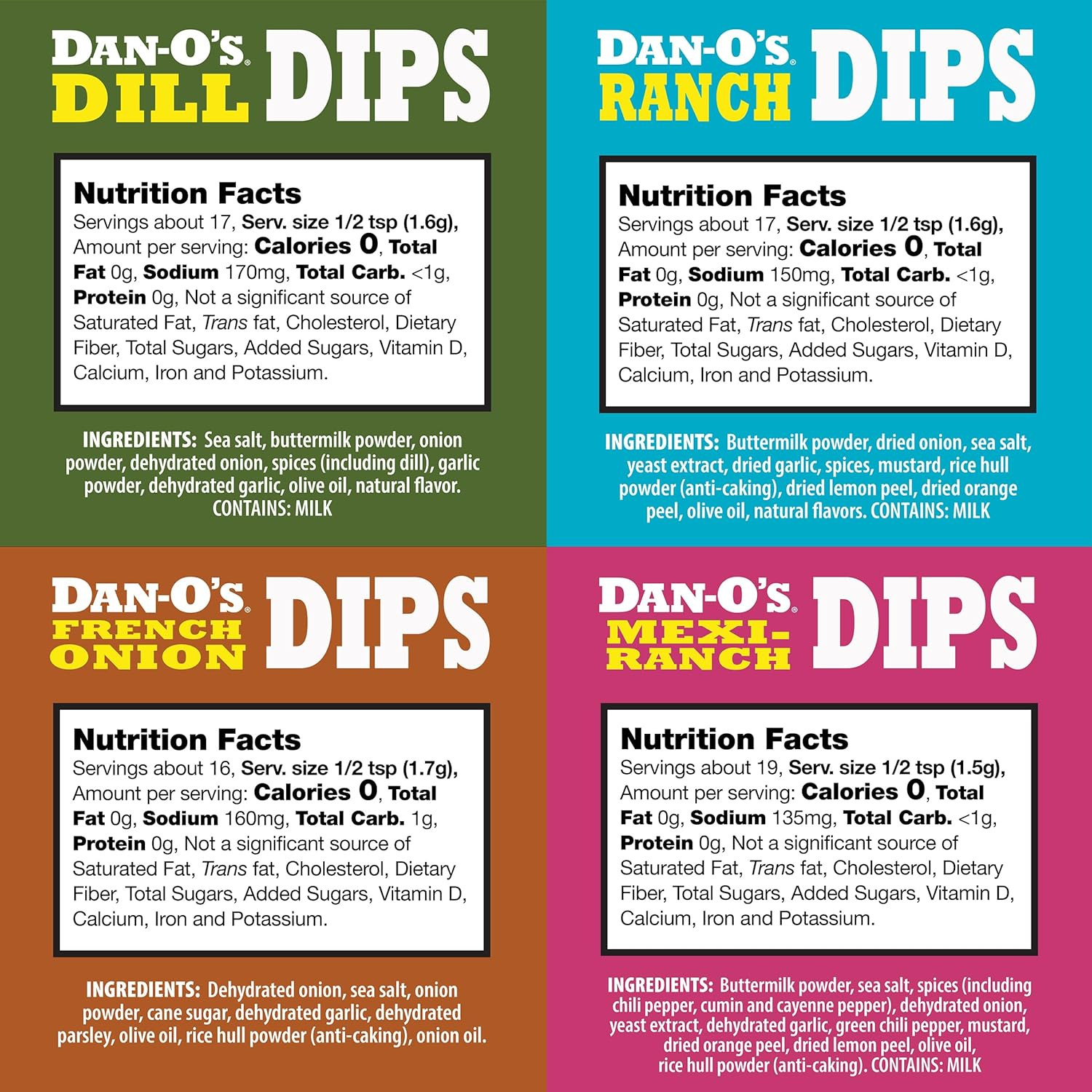 Dan-O’S Dips Variety Pack (16 Pack) – Ranch, Mexi-Ranch, French Onion & Dill Dip