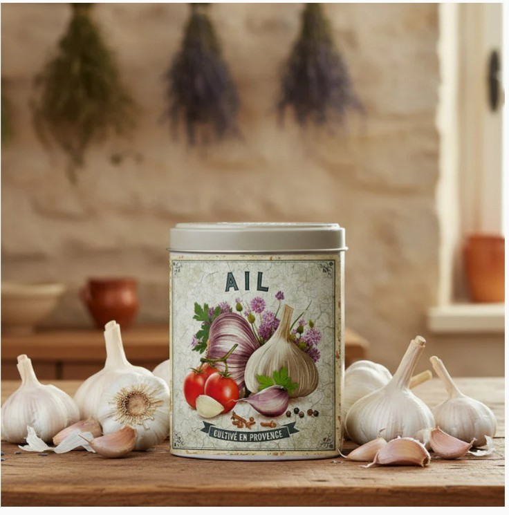 Esprit Provence, Ail (French Provence Garlic) in Decorative Lidded /Sprinkle Tin