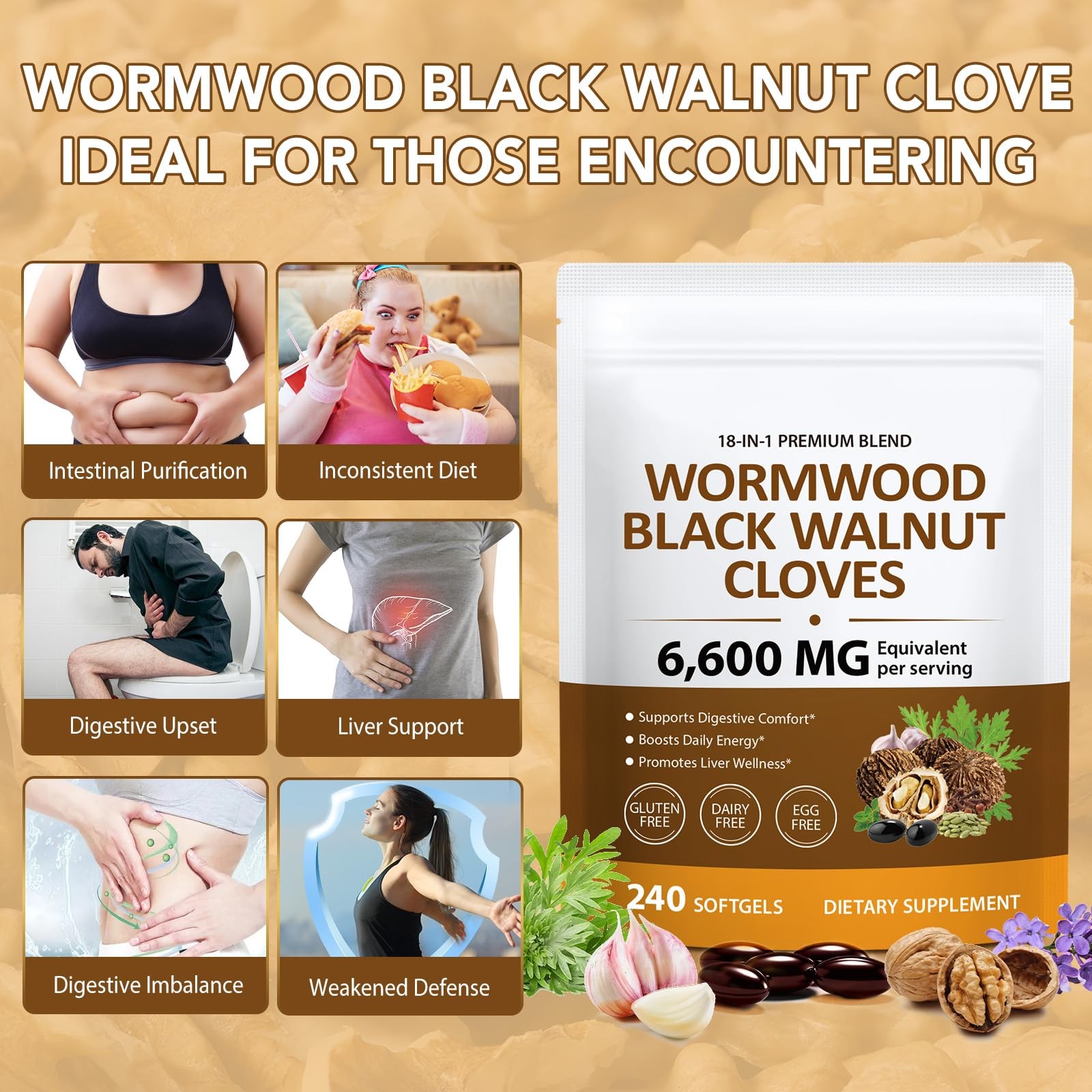 18-in-1 Wormwood Black Walnut Clove Herbal Softgels, 240 Count (Pack of 1)