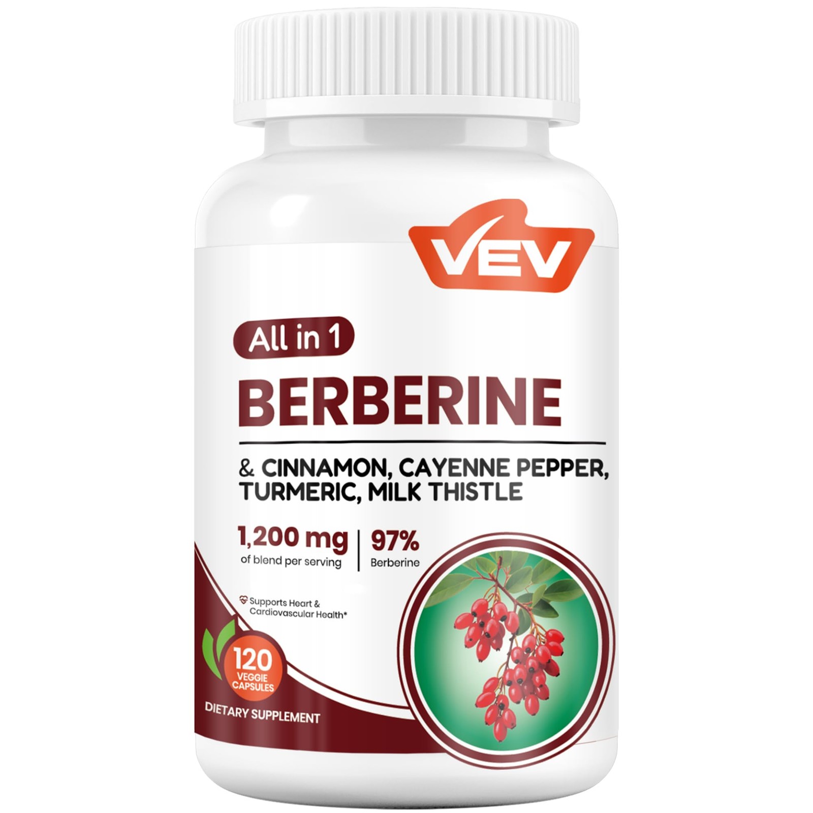 VEV Berberine Supplement with Ceylon Cinnamon, Cayenne 120 Count (Pack of 1)