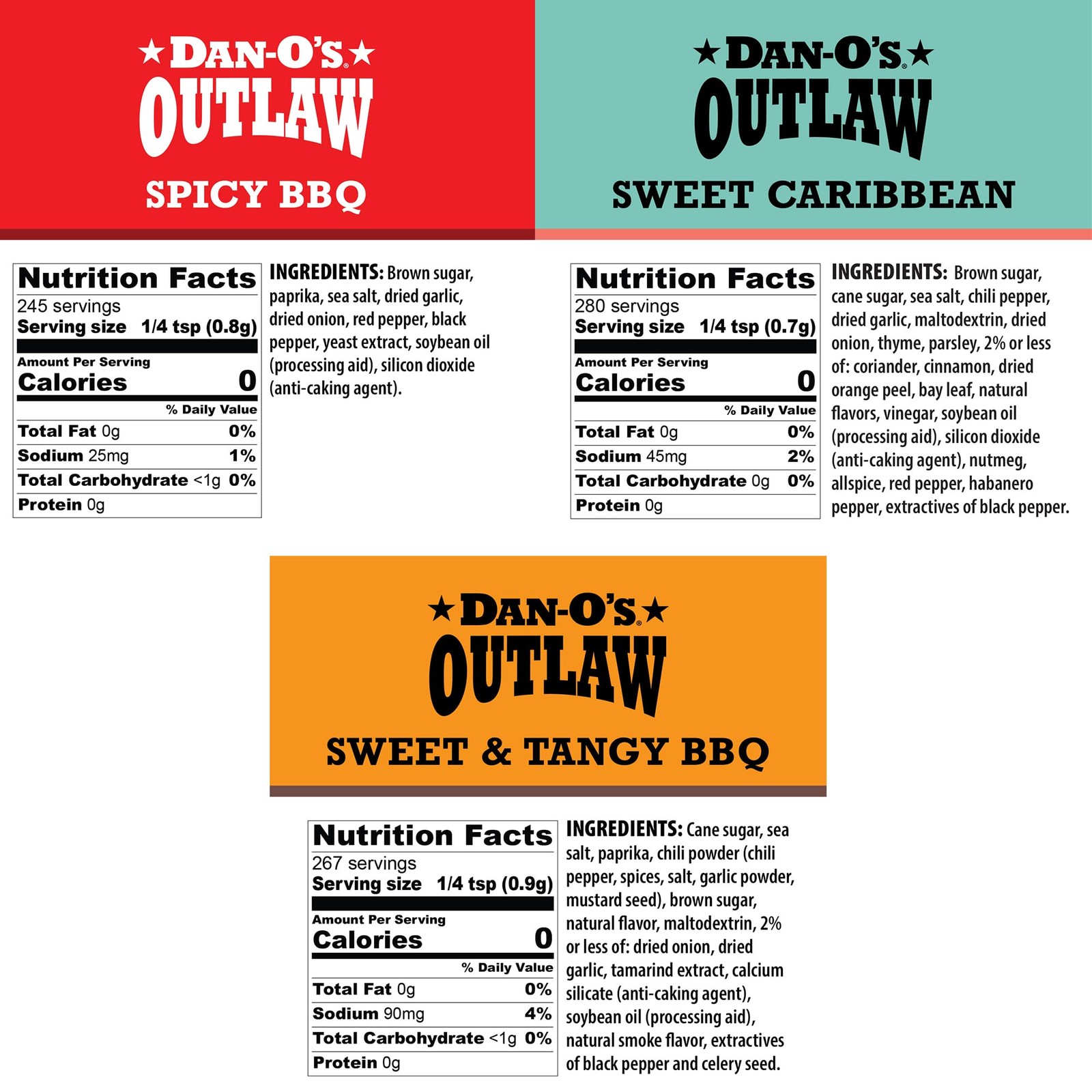 Outlaw Seasoning 3 Bottle Combo Sweet & Tangy BBQ Spicy BBQ and Sweet Caribbean.
