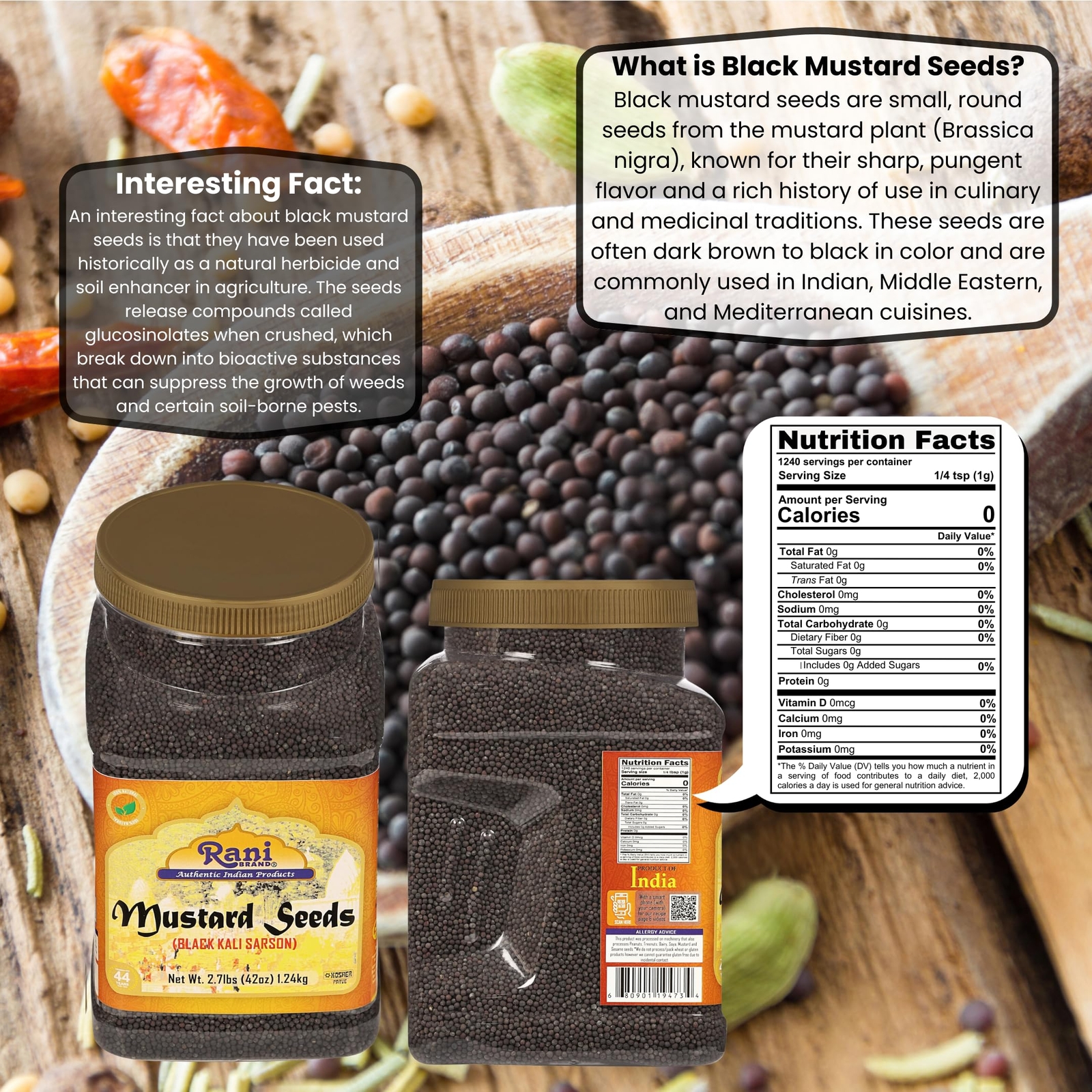 Rani Black Mustard Seeds Whole Spice (Kali Rai) 42oz (2.7lbs) 1.22kg PET Jar