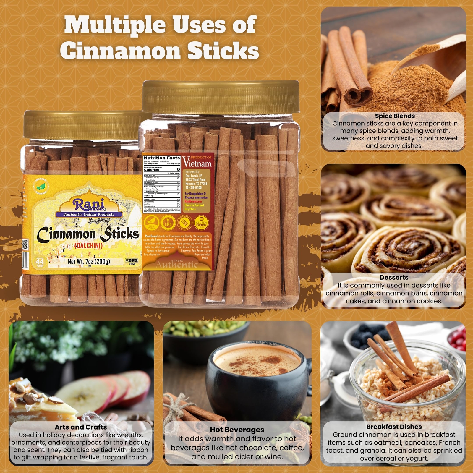 Rani Cinnamon Sticks 7oz (200g) ~ 36-44 Sticks, 3 Inches in Length PET Jar