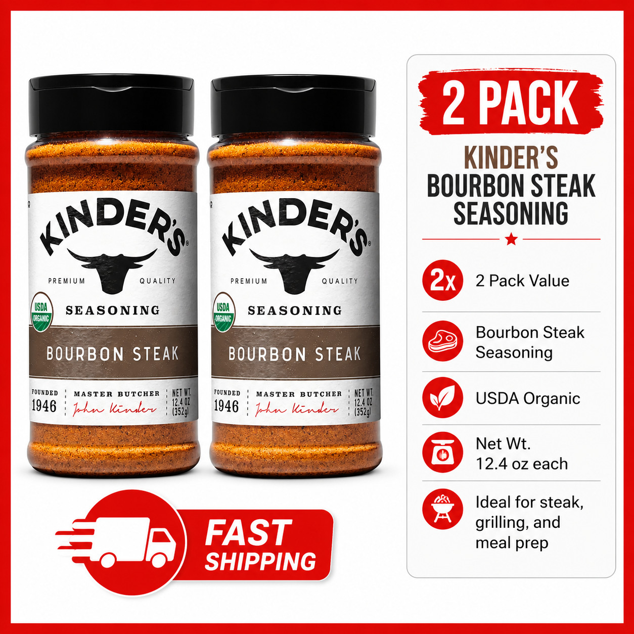 2 Pack Kinder’s Organic Bourbon Steak Seasoning Spice Mix, 12.4 oz Each