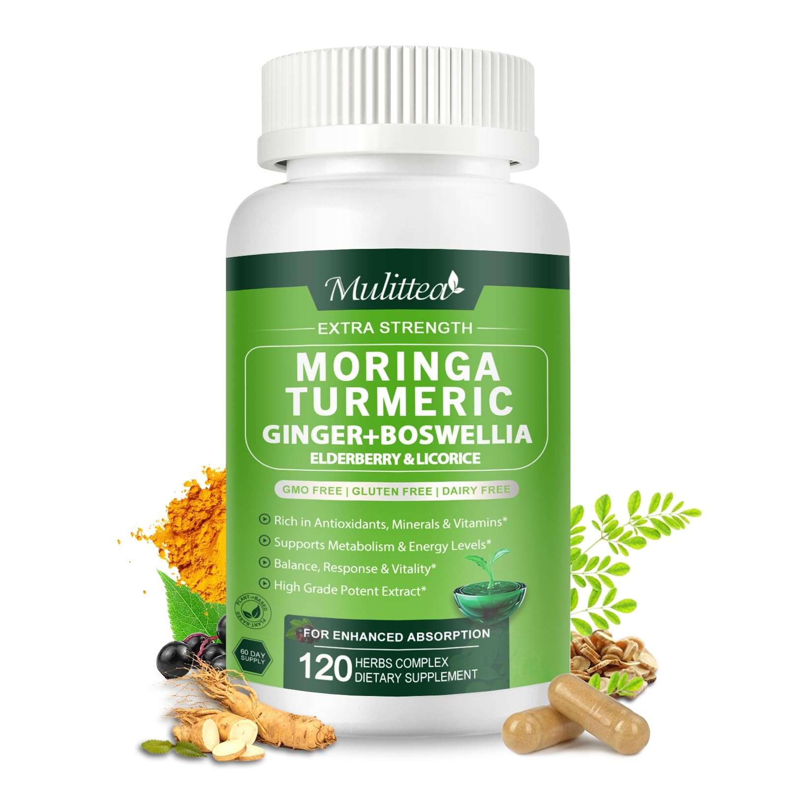 Moringa Capsules Organic 1000mg, 7-in-1 Superfood with 120 Count (Pack of 1)