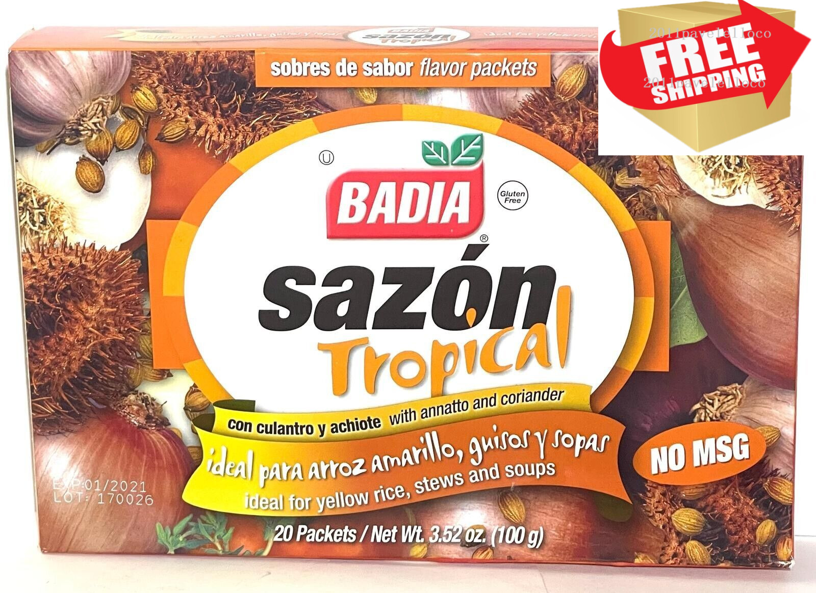 2 Boxes Badia Sazon Tropical with Annatto & Coriander with 20 Packs each