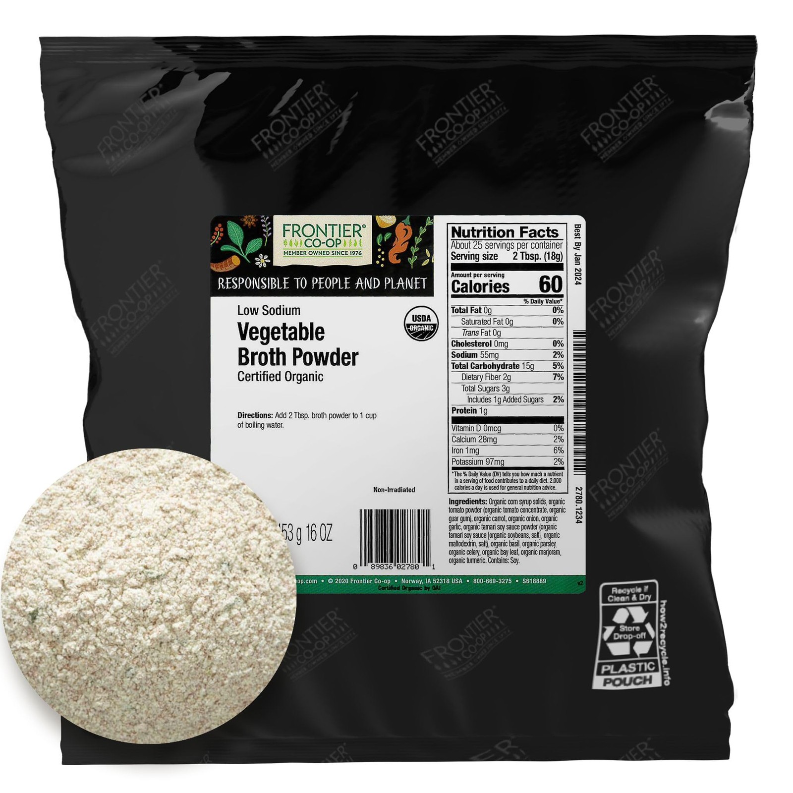 Frontier Co-op Organic Vegetable Broth Powder Low Sodium 453g Bulk Bag