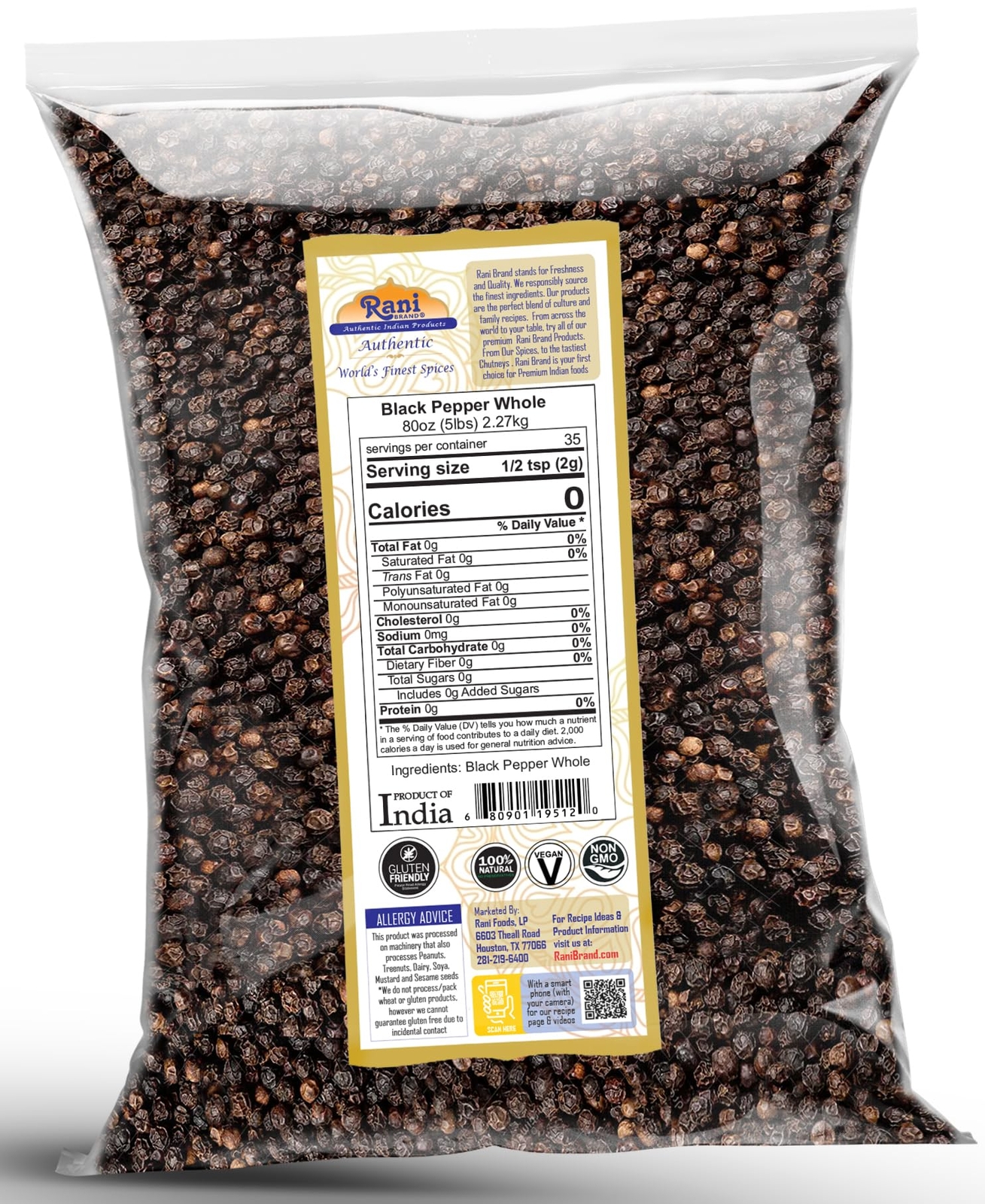 Rani Black Pepper Whole (Peppercorns) Premium Indian MG-1 Grade 80oz (5lbs)