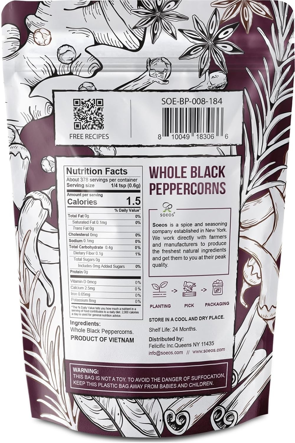 Black Peppercorns 8oz Non-GMO Kosher Whole Pepper for Grinder Refill Fresh