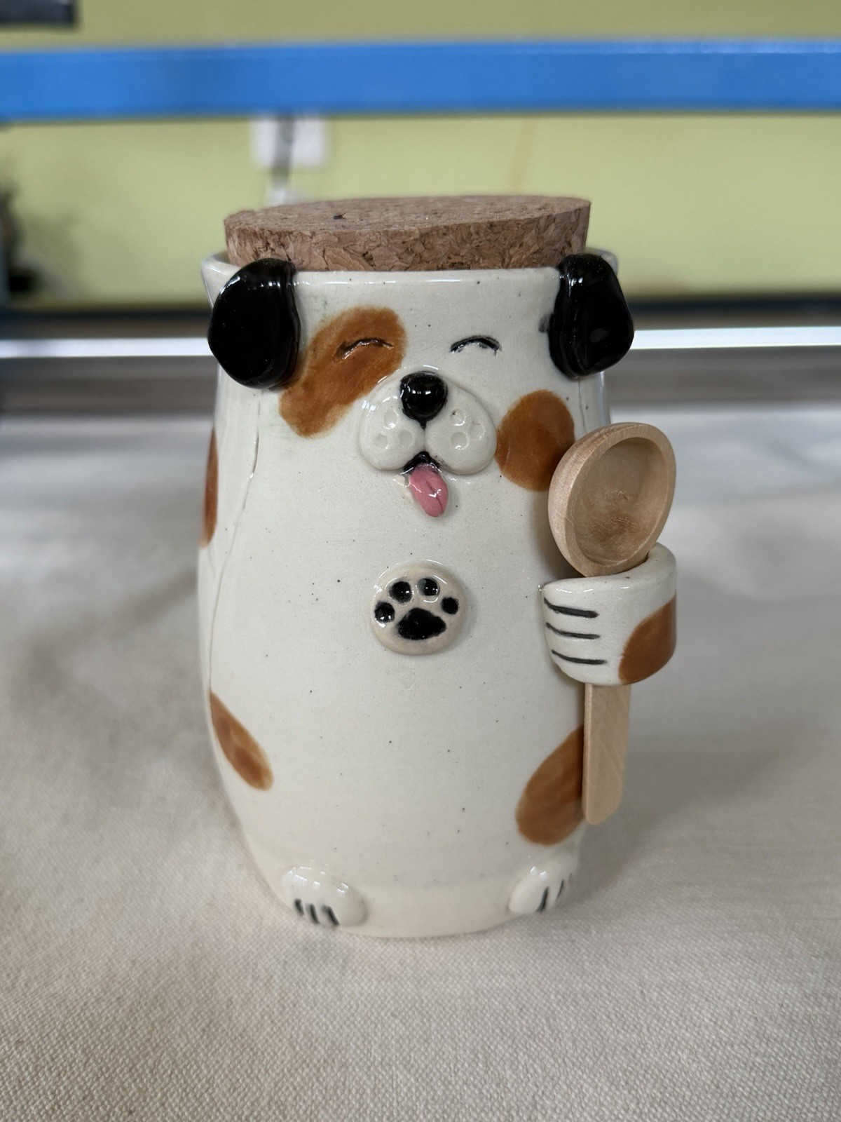 Salty Dog Salt Vault w/ Cork Lid & Mini Spoon, Glossy Handmade (OOAK) 5”x2.5”