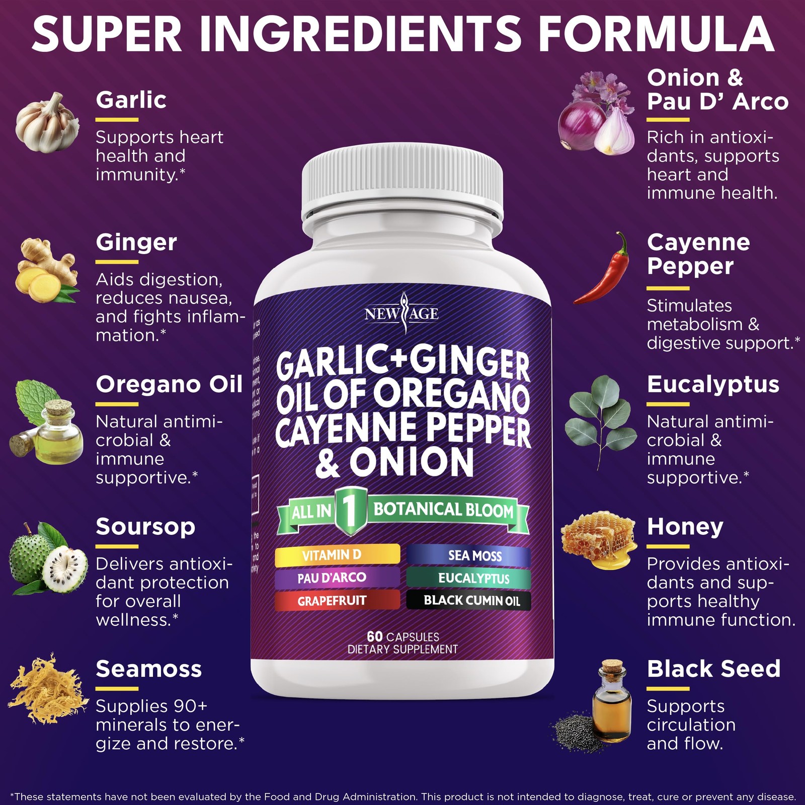 Garlic + Ginger Supplement – Oil of Oregano, 60 Count (Pack 2)