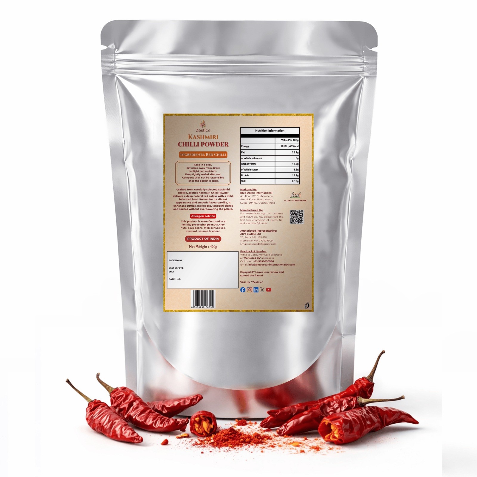 Zestice Kashmiri Chilli Powder Natural Bright Red Colour Mild Heat 400g