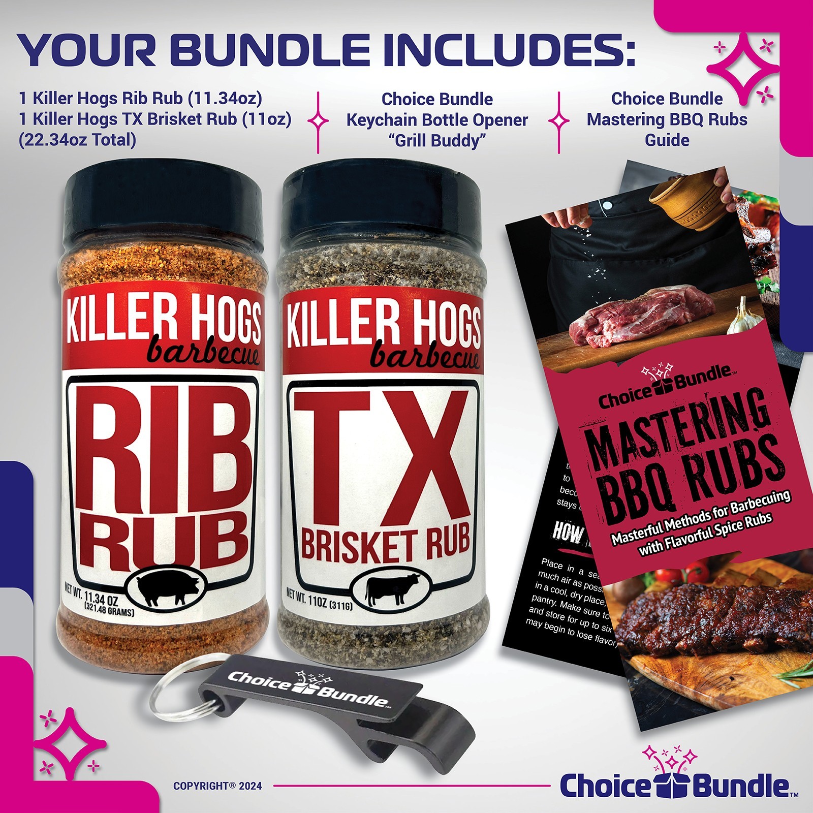 Killer Hogs Rib Rub & TX Brisket Texas Rub 22.34 oz 2 Pack + Guide & Opener