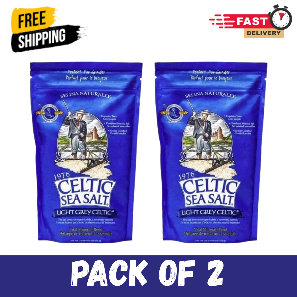 Light Grey Celtic Sea Salt 1 Pound Resealable Bag Additive-Free USA (Pack of 2)