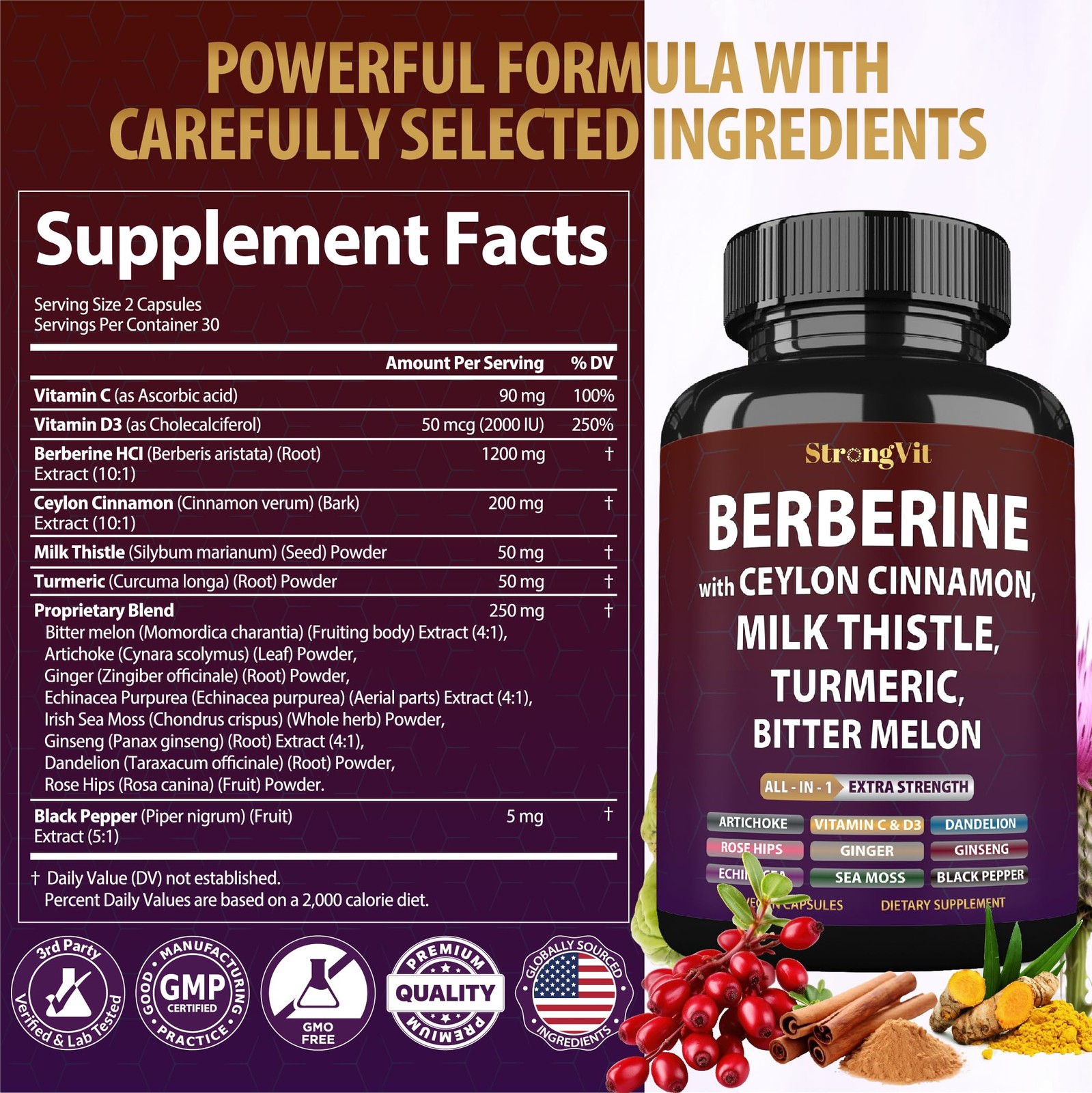 Berberine with Ceylon Cinnamon Supplement, Milk Thistle, 60 Count (Pack of 1)