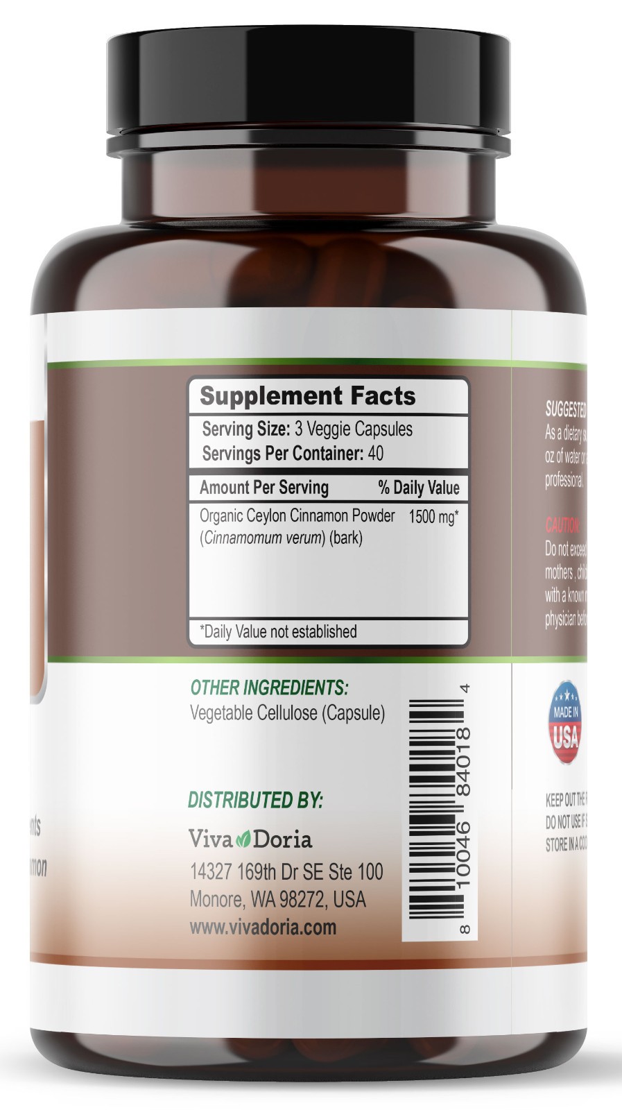 Viva Doria Organic Ceylon Cinnamon Veggie Capsules, 1500mg Per Serving, 120 ct